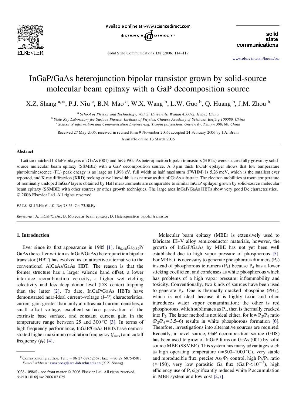 InGaP/GaAs heterojunction bipolar transistor grown by solid-source molecular beam epitaxy with a GaP decomposition source