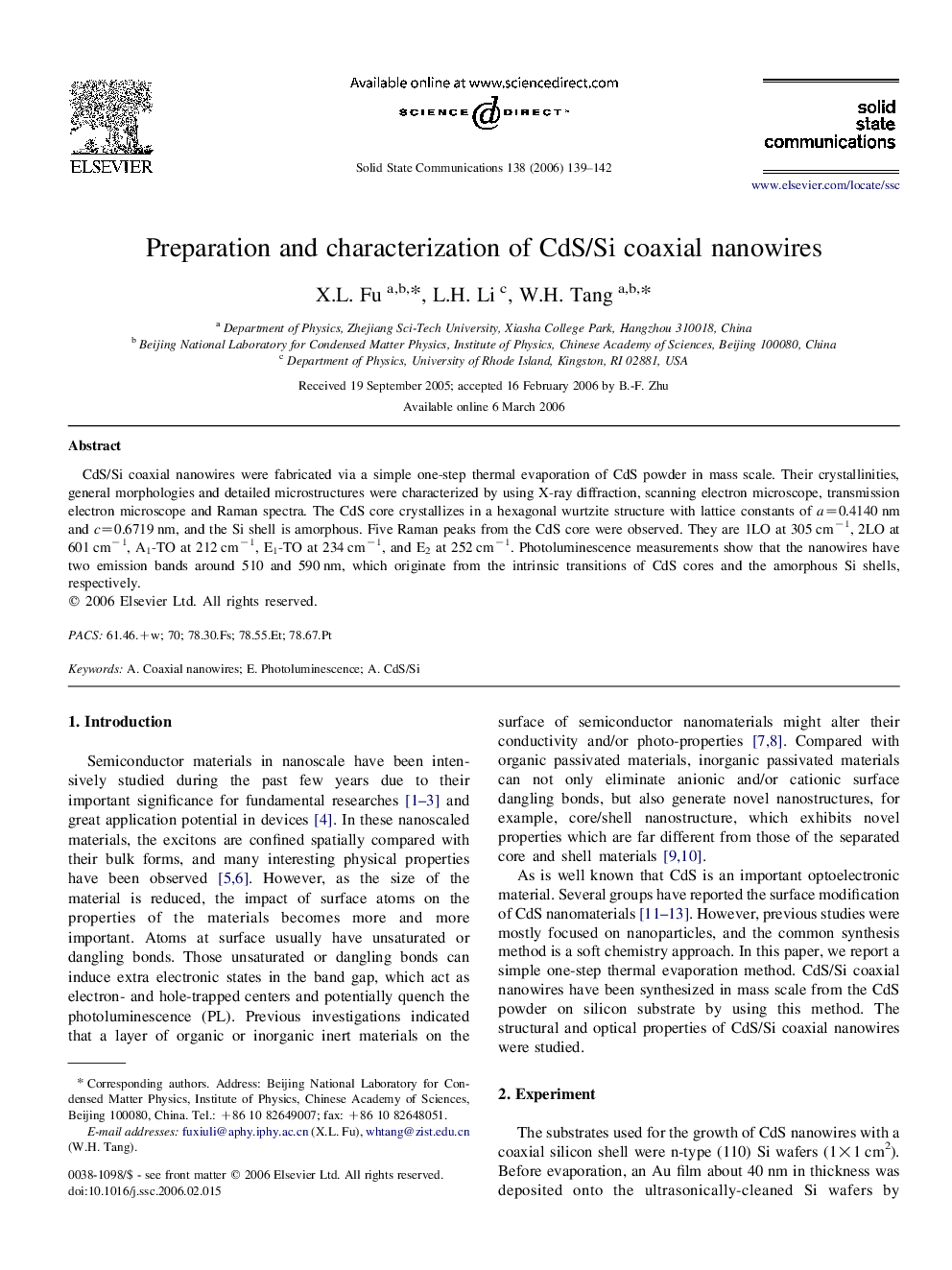 Preparation and characterization of CdS/Si coaxial nanowires