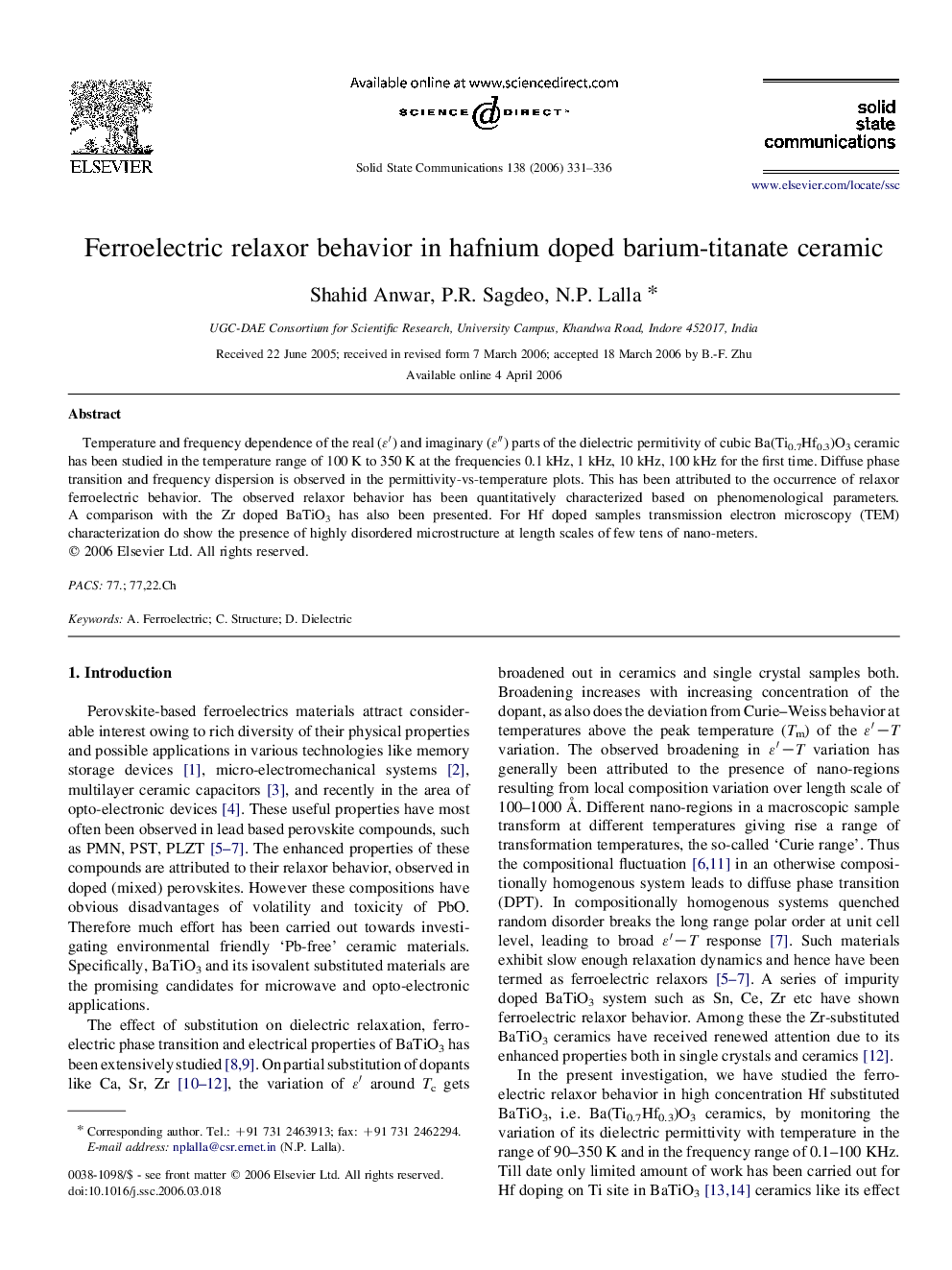 Ferroelectric relaxor behavior in hafnium doped barium-titanate ceramic