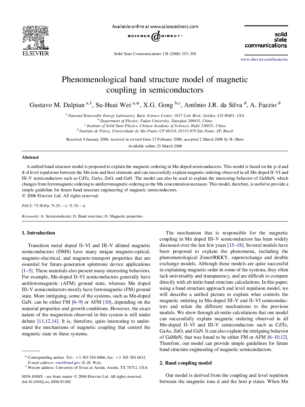 Phenomenological band structure model of magnetic coupling in semiconductors