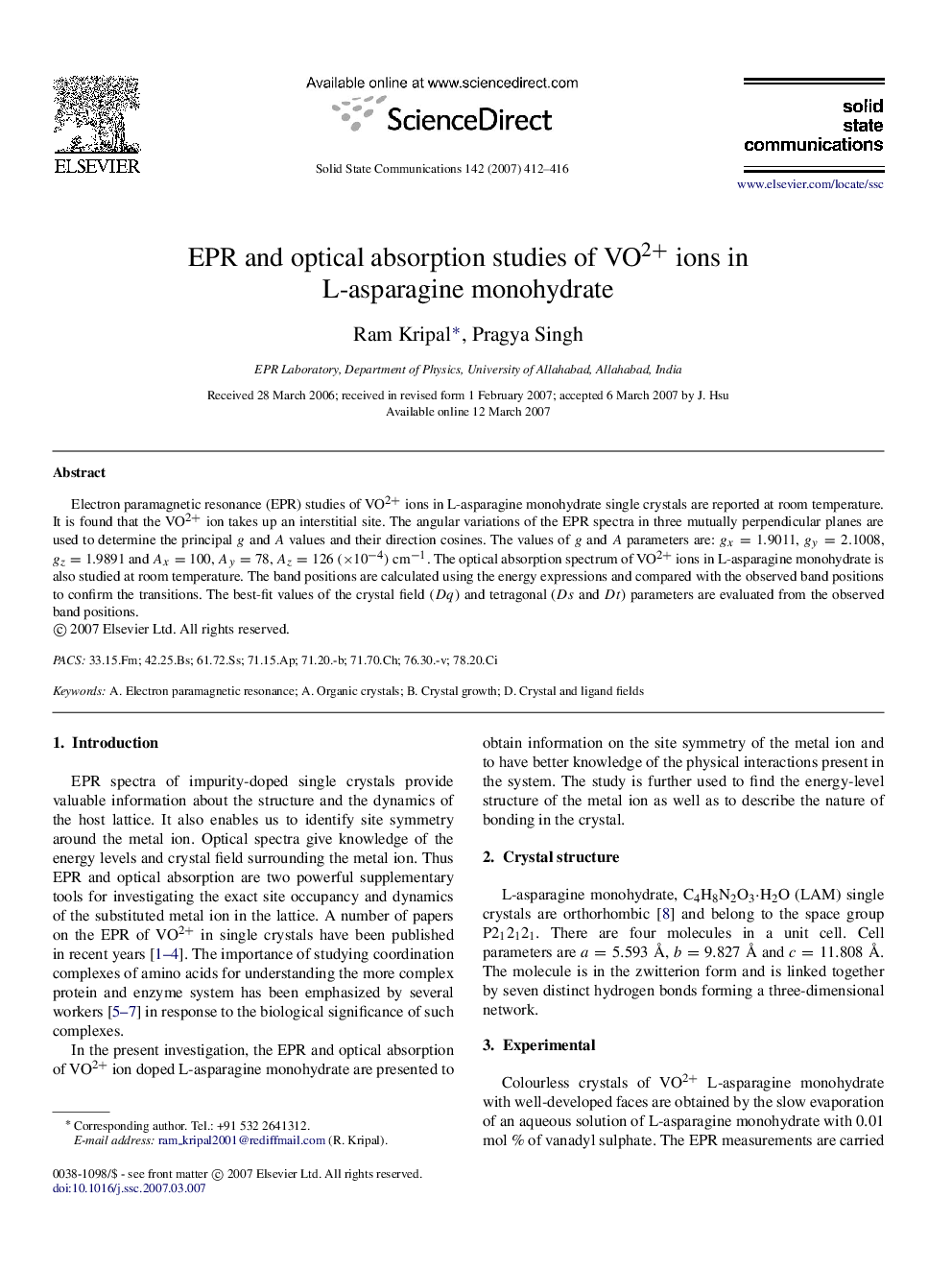 EPR and optical absorption studies of V O2+ ions in L-asparagine monohydrate