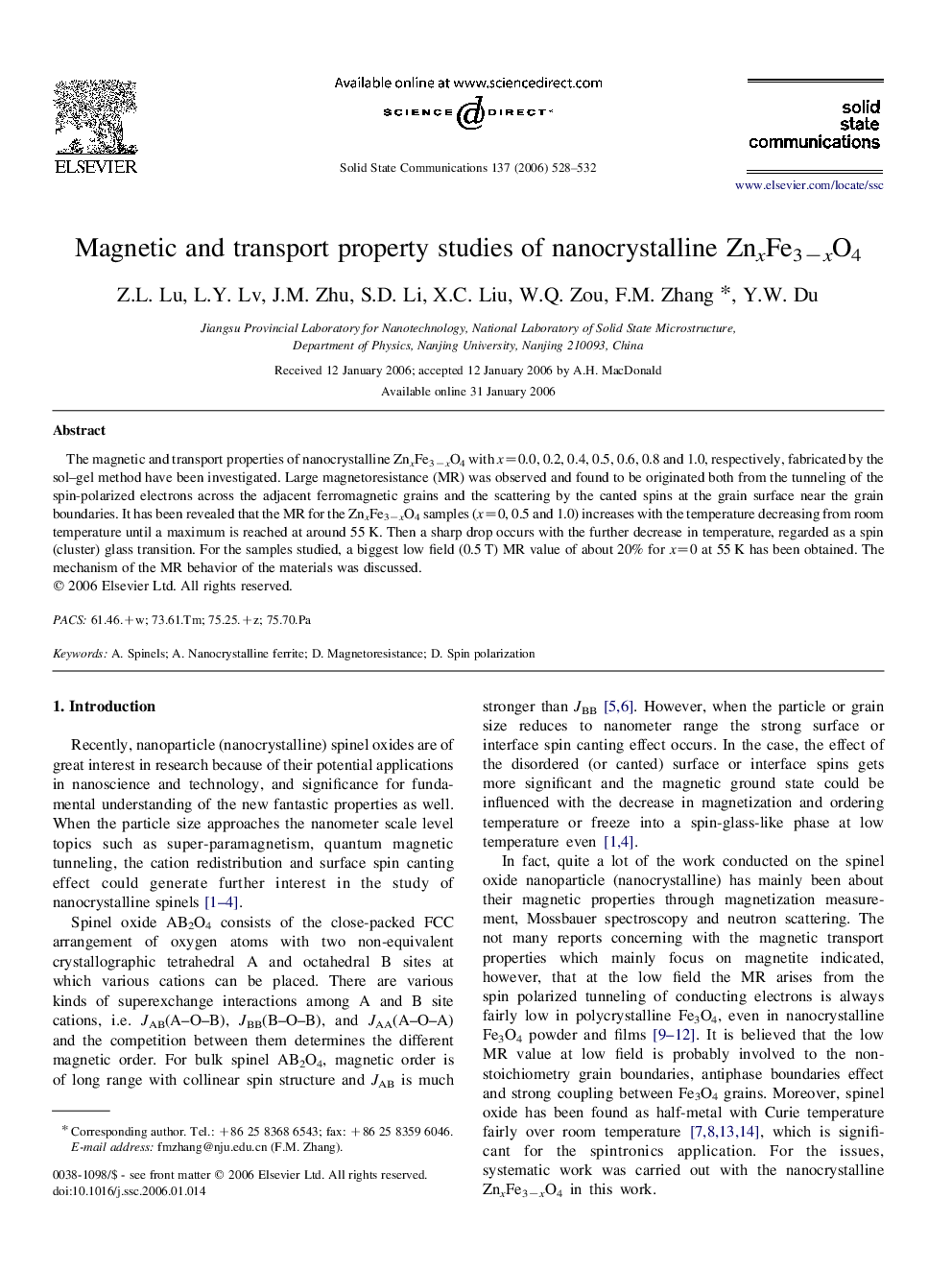 Magnetic and transport property studies of nanocrystalline ZnxFe3−xO4