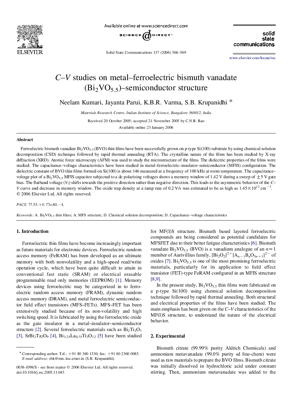 C–V studies on metal–ferroelectric bismuth vanadate (Bi2VO5.5)–semiconductor structure