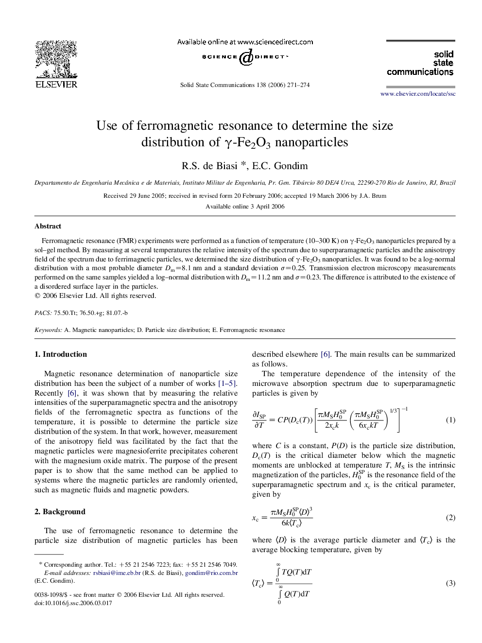 Use of ferromagnetic resonance to determine the size distribution of γ-Fe2O3 nanoparticles