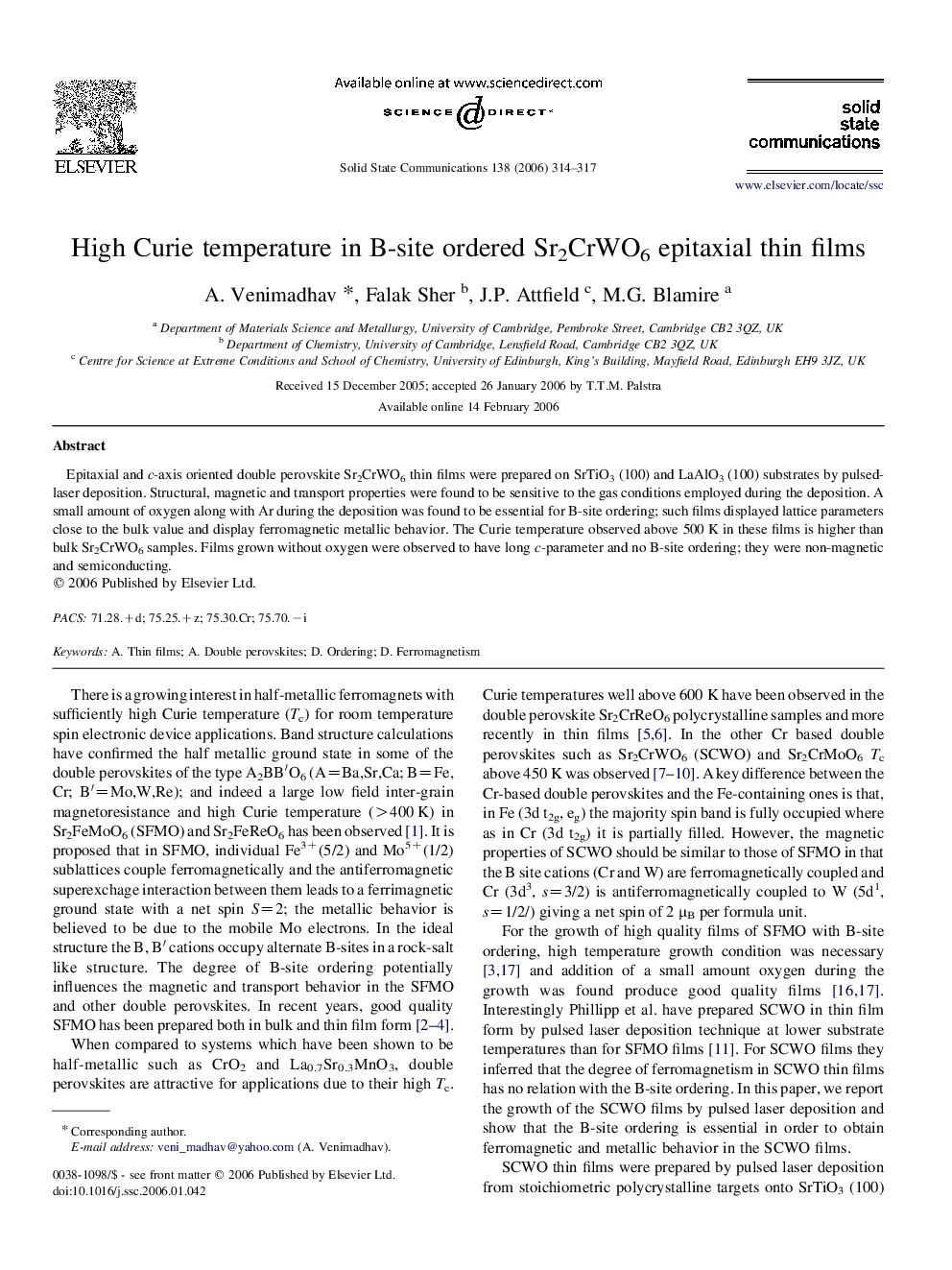 High Curie temperature in B-site ordered Sr2CrWO6 epitaxial thin films