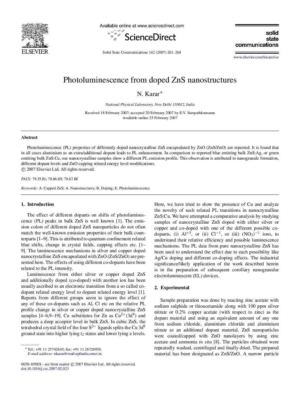 عکس صفحه اول مقاله: Photoluminescence from doped ZnS nanostructures Photoluminescence from doped ZnS nanostructures
