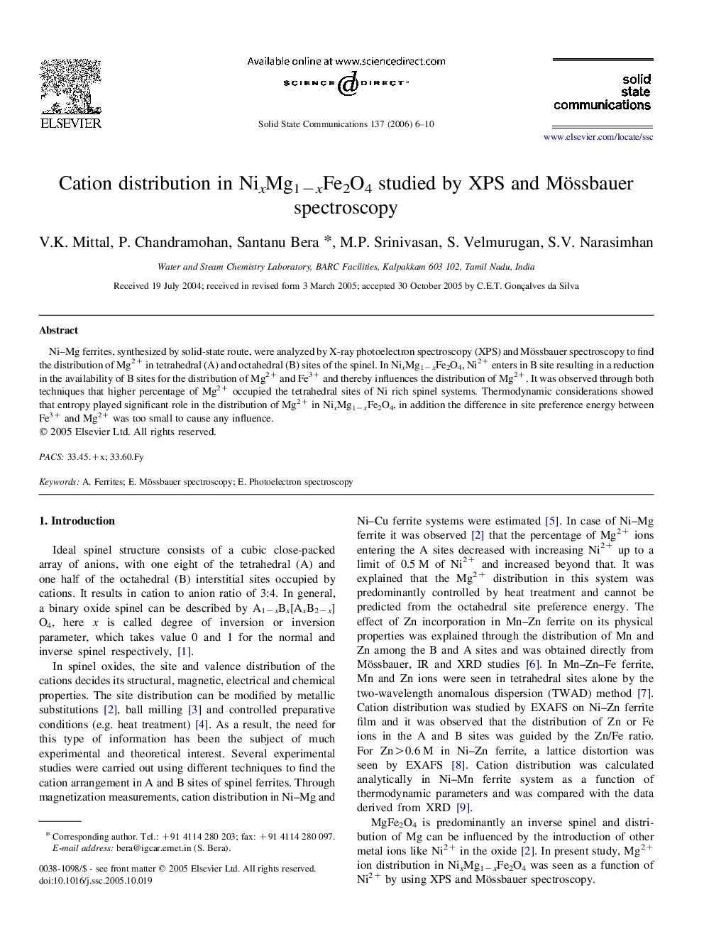 Cation distribution in NixMg1−xFe2O4 studied by XPS and Mössbauer spectroscopy