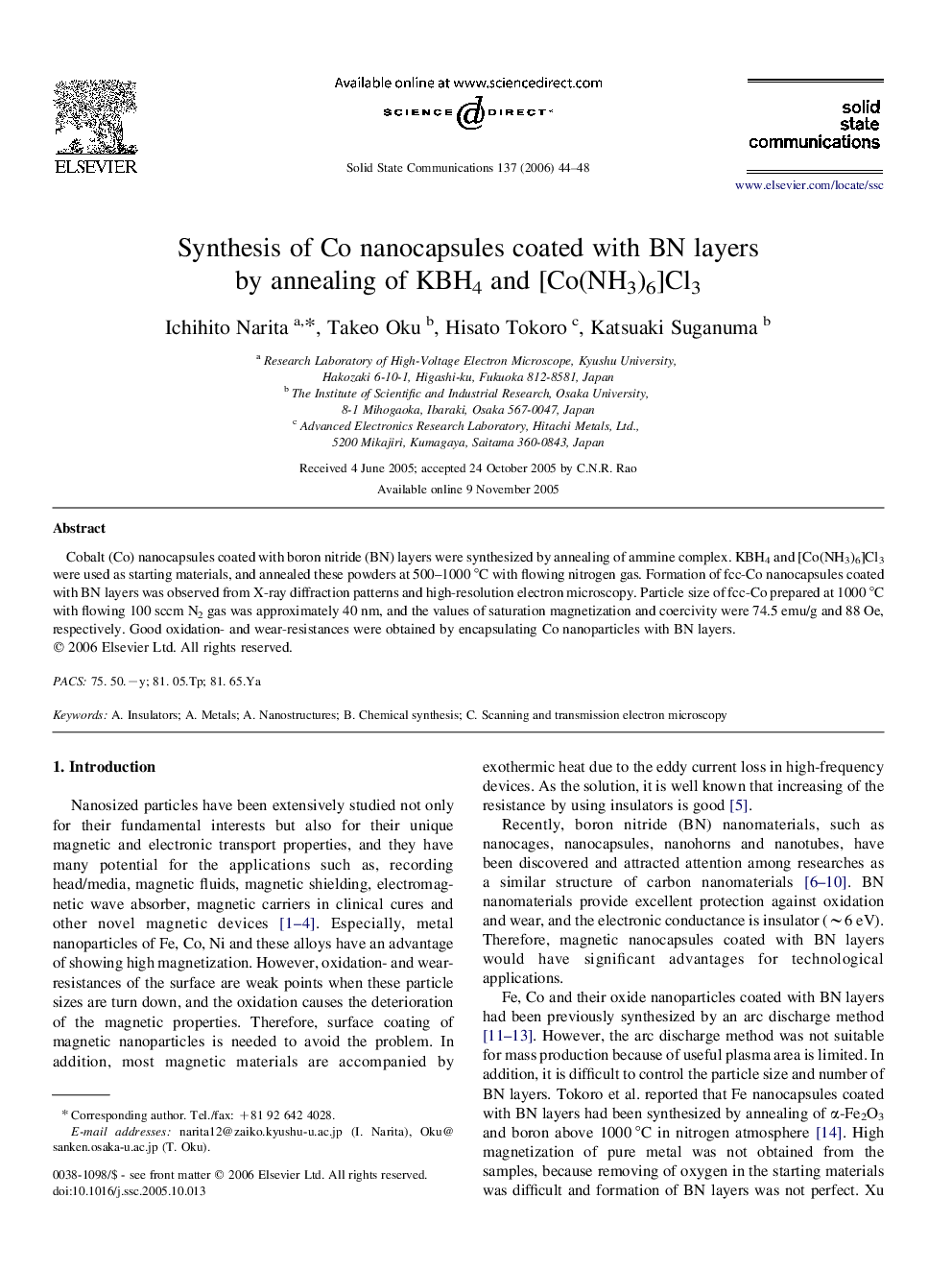 Synthesis of Co nanocapsules coated with BN layers by annealing of KBH4 and [Co(NH3)6]Cl3