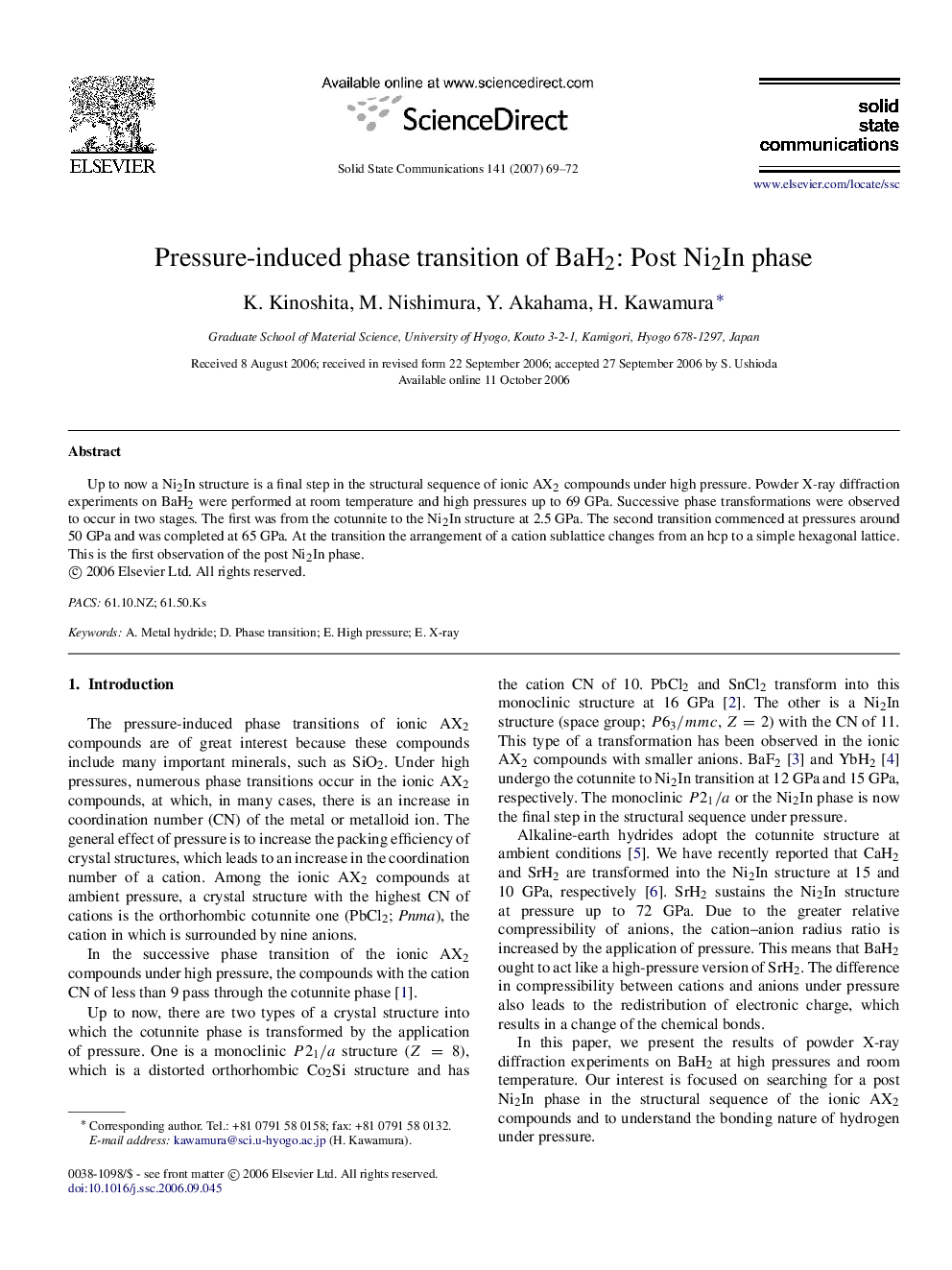 Pressure-induced phase transition of BaH2 : Post Ni2In phase