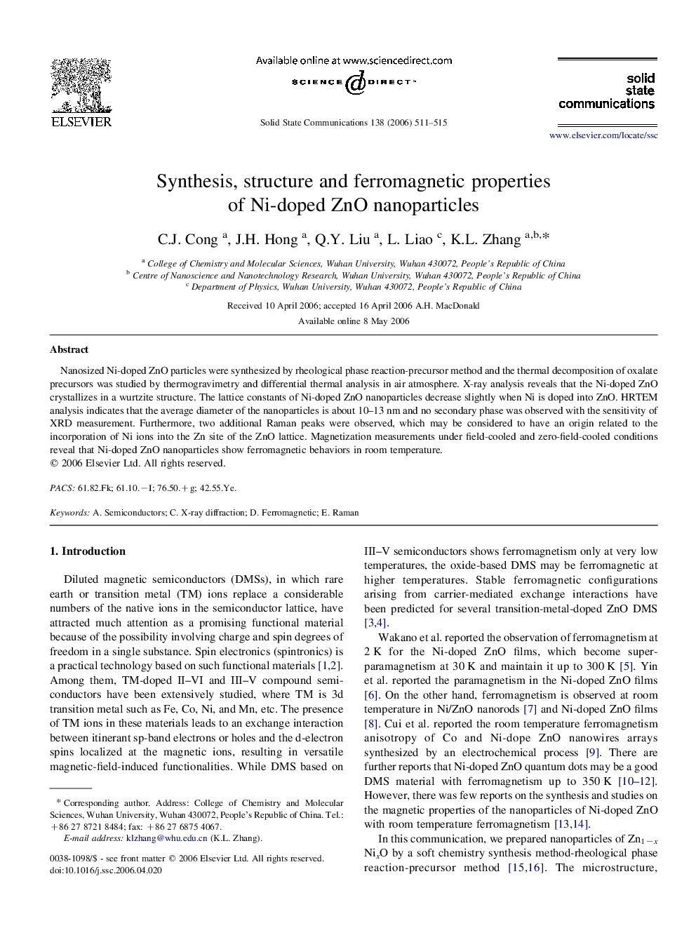 Synthesis, structure and ferromagnetic properties of Ni-doped ZnO nanoparticles