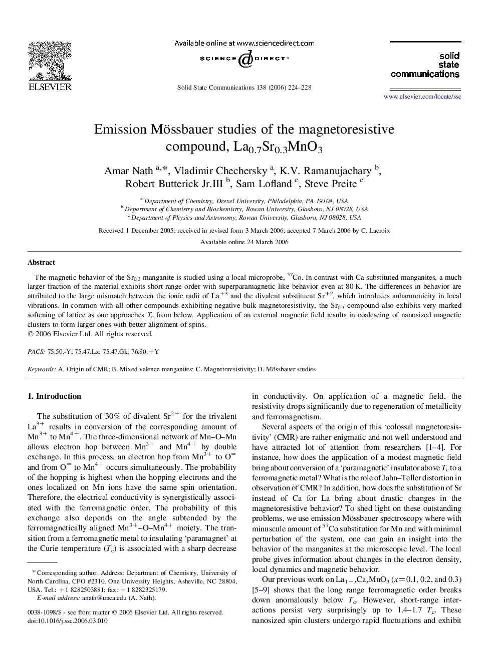 Emission Mössbauer studies of the magnetoresistive compound, La0.7Sr0.3MnO3