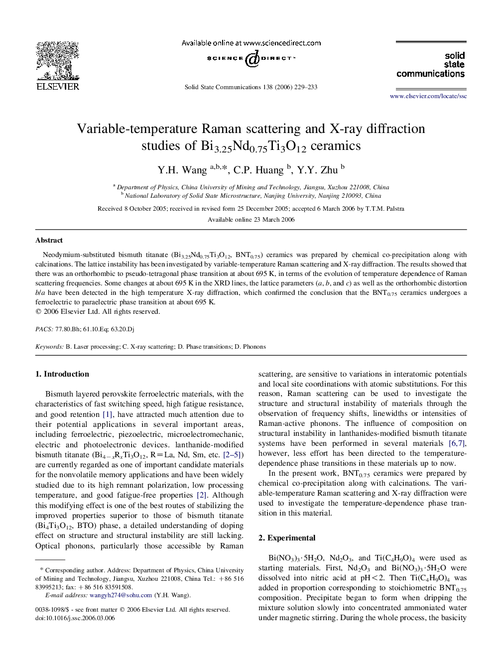 Variable-temperature Raman scattering and X-ray diffraction studies of Bi3.25Nd0.75Ti3O12 ceramics