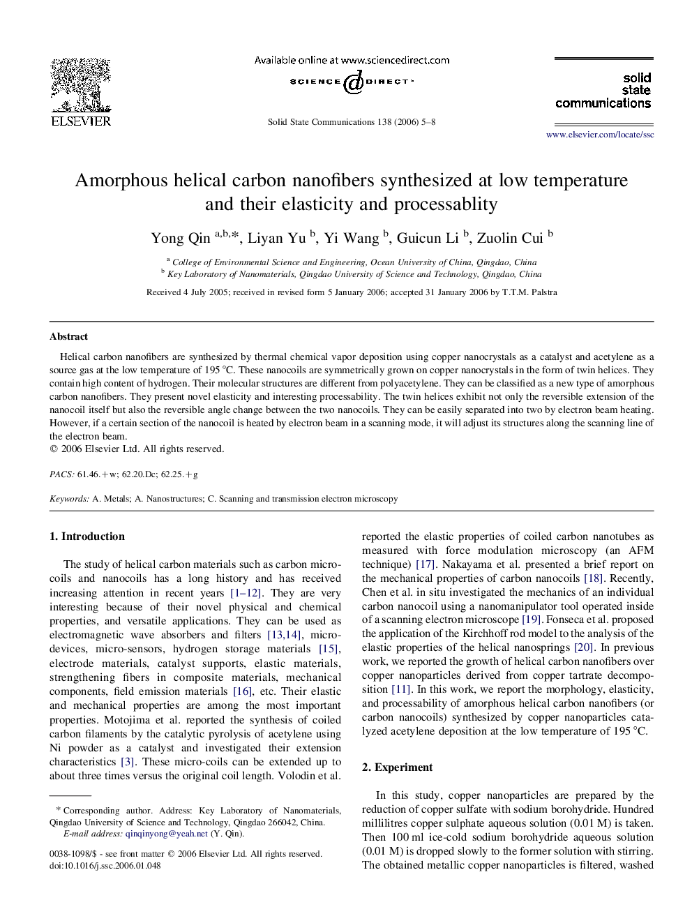 Amorphous helical carbon nanofibers synthesized at low temperature and their elasticity and processablity