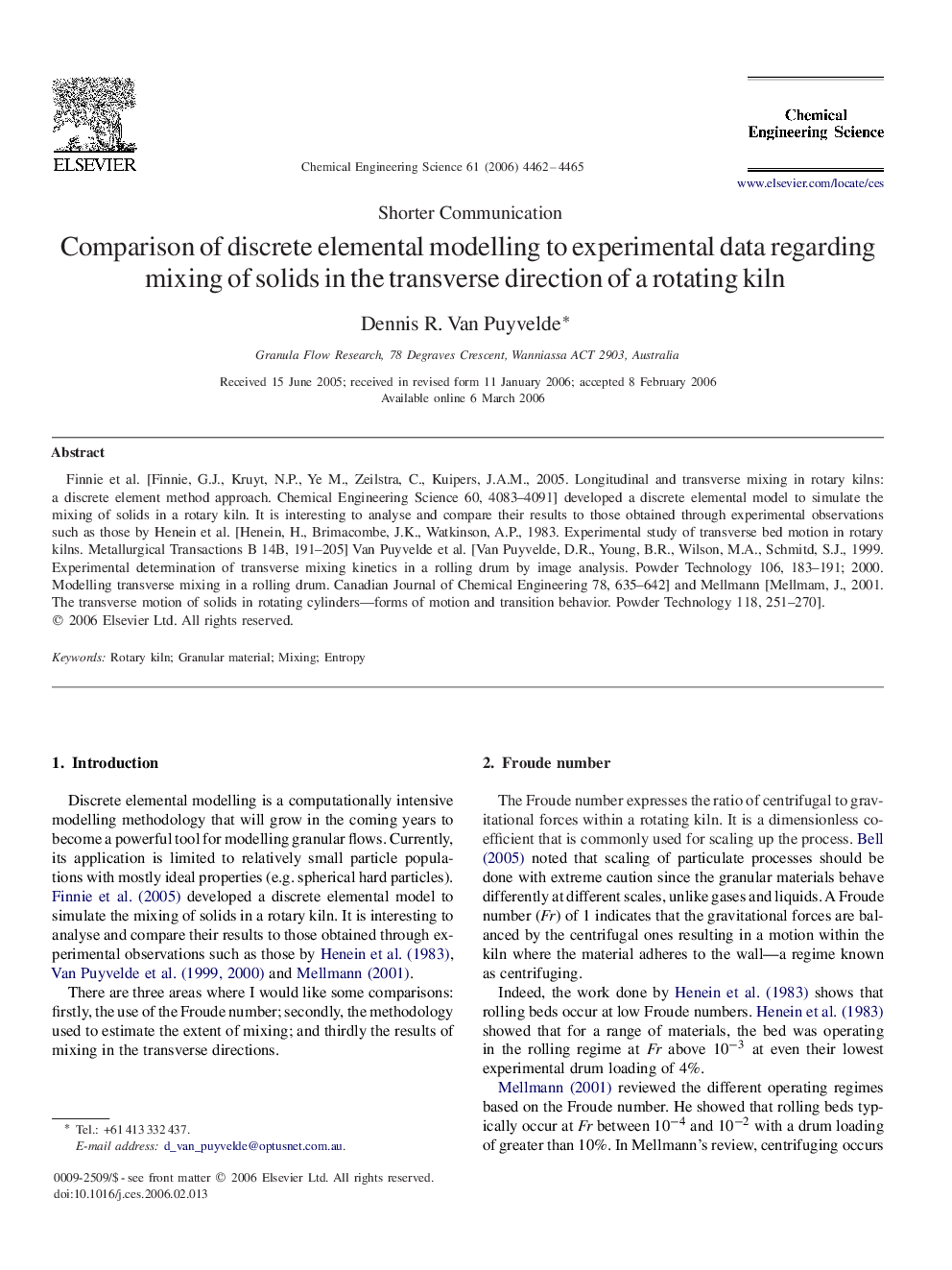 Comparison of discrete elemental modelling to experimental data regarding mixing of solids in the transverse direction of a rotating kiln