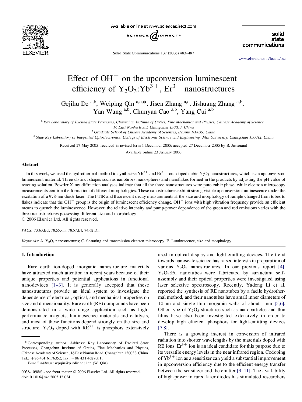 Effect of OH− on the upconversion luminescent efficiency of Y2O3:Yb3+, Er3+ nanostructures