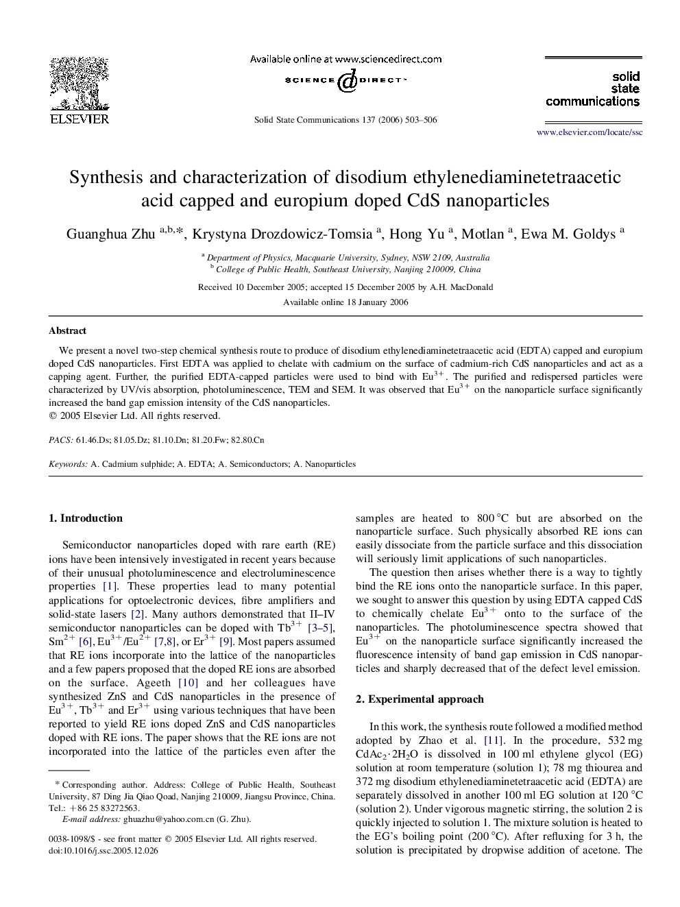 Synthesis and characterization of disodium ethylenediaminetetraacetic acid capped and europium doped CdS nanoparticles