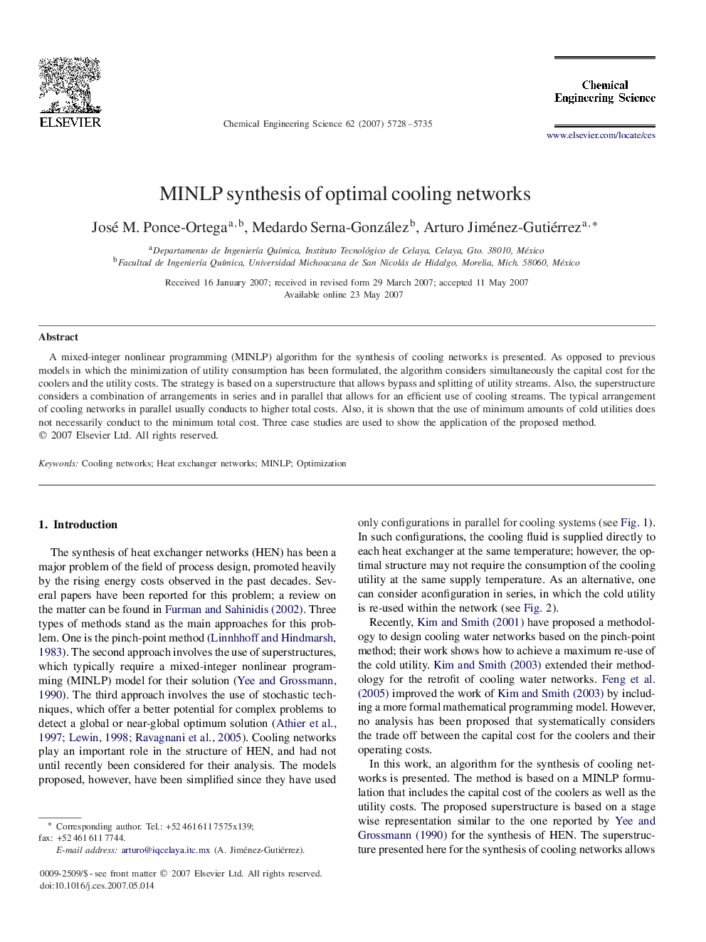 MINLP synthesis of optimal cooling networks