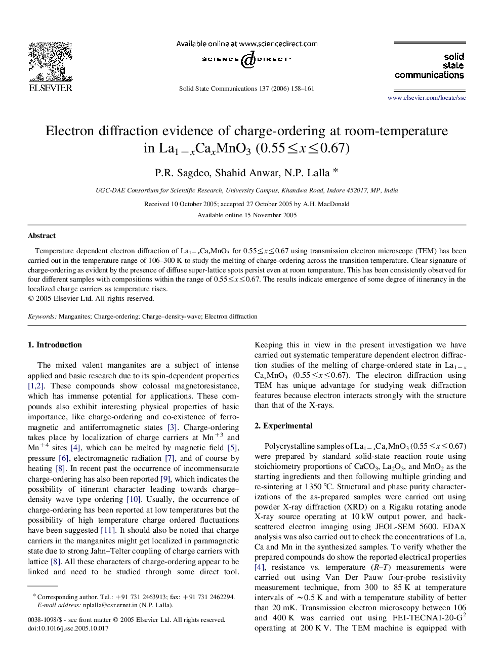 Electron diffraction evidence of charge-ordering at room-temperature in La1−xCaxMnO3 (0.55≤x≤0.67)