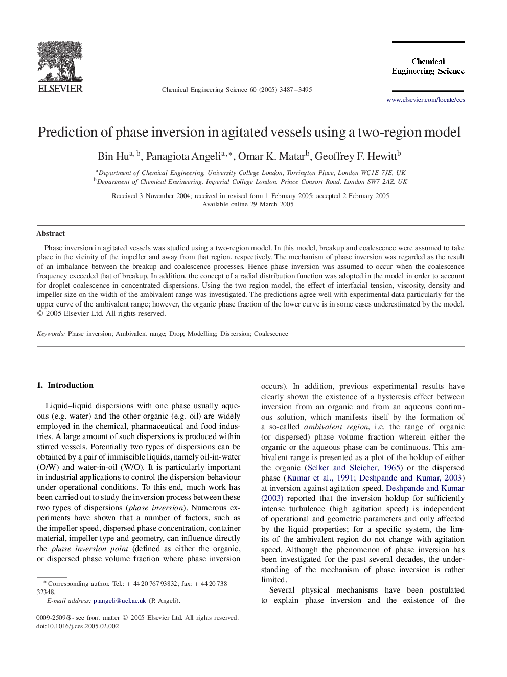 عکس صفحه اول مقاله: Prediction of phase inversion in agitated vessels using a two-region model Prediction of phase inversion in agitated vessels using a two-region model