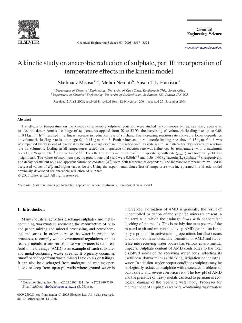 عکس صفحه اول مقاله: A kinetic study on anaerobic reduction of sulphate, part II: incorporation of temperature effects in the kinetic model A kinetic study on anaerobic reduction of sulphate, part II: incorporation of temperature effects in the kinetic model