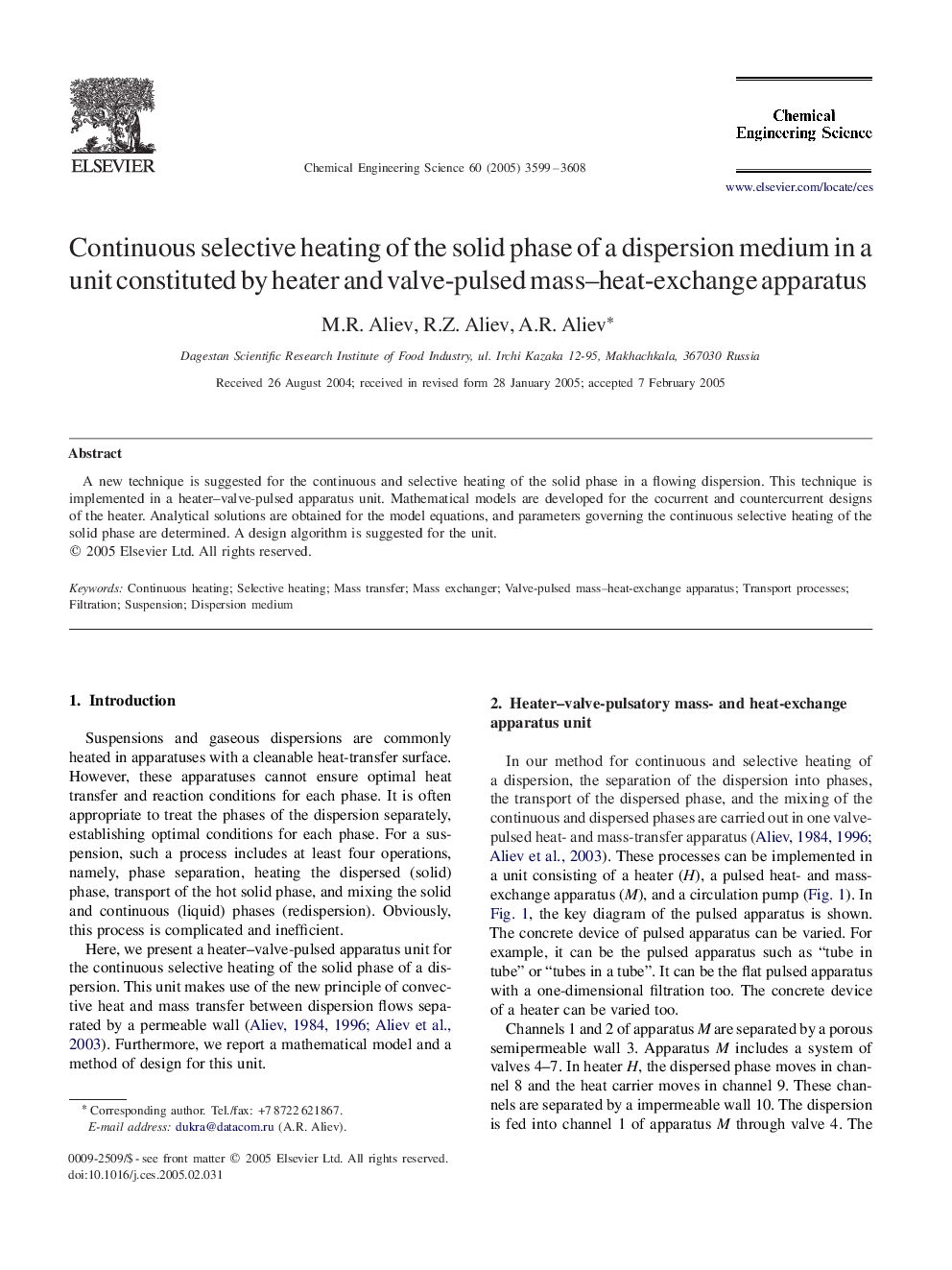 Continuous selective heating of the solid phase of a dispersion medium in a unit constituted by heater and valve-pulsed mass–heat-exchange apparatus