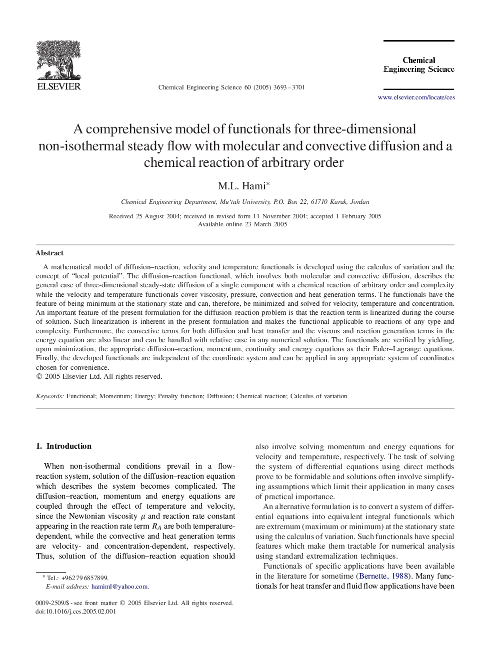 A comprehensive model of functionals for three-dimensional non-isothermal steady flow with molecular and convective diffusion and a chemical reaction of arbitrary order