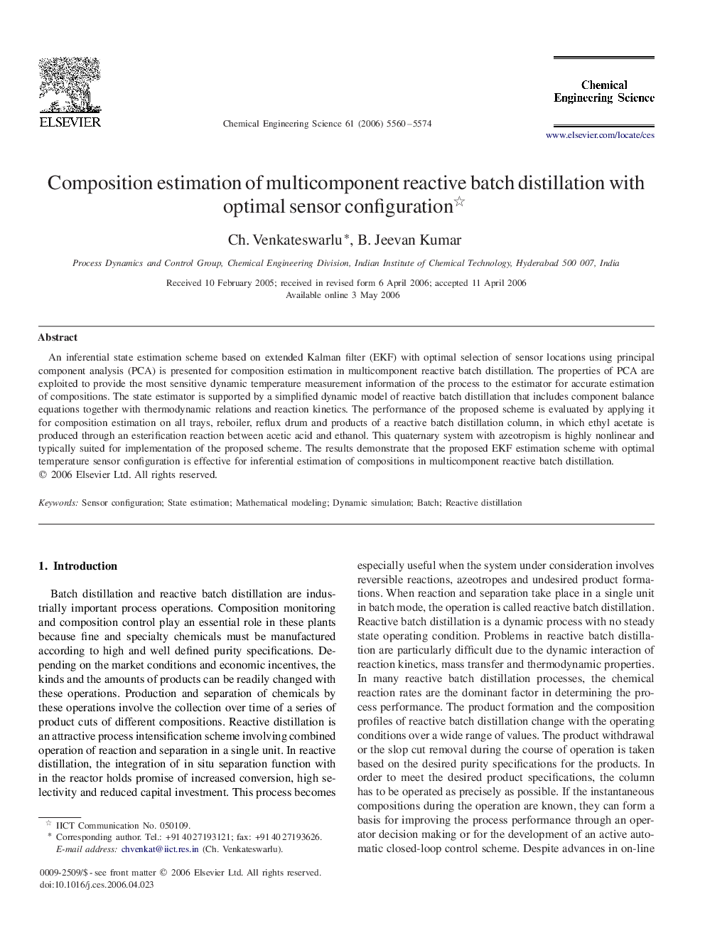 Composition estimation of multicomponent reactive batch distillation with optimal sensor configuration 