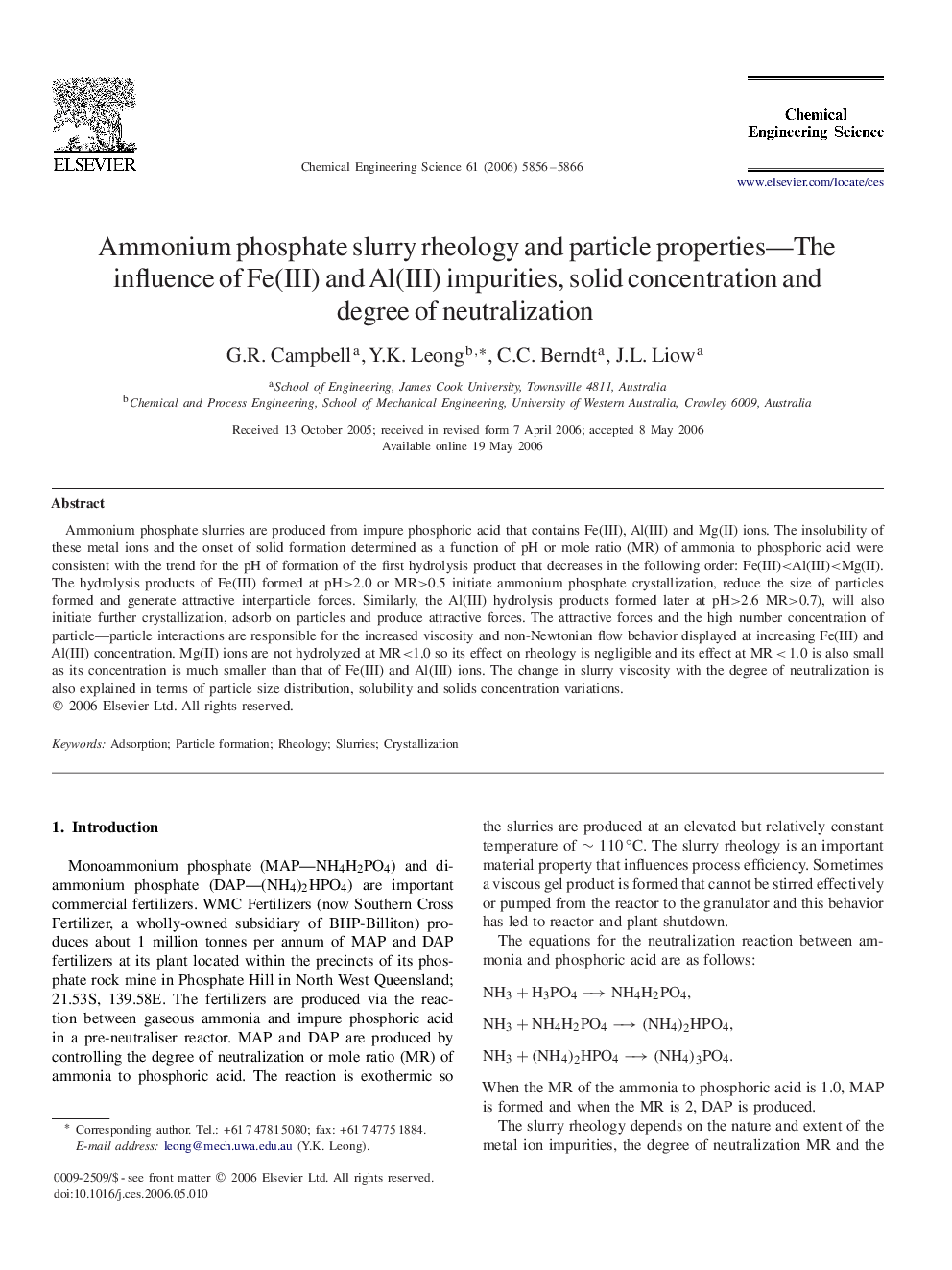 Ammonium phosphate slurry rheology and particle properties—The influence of Fe(III) and Al(III) impurities, solid concentration and degree of neutralization