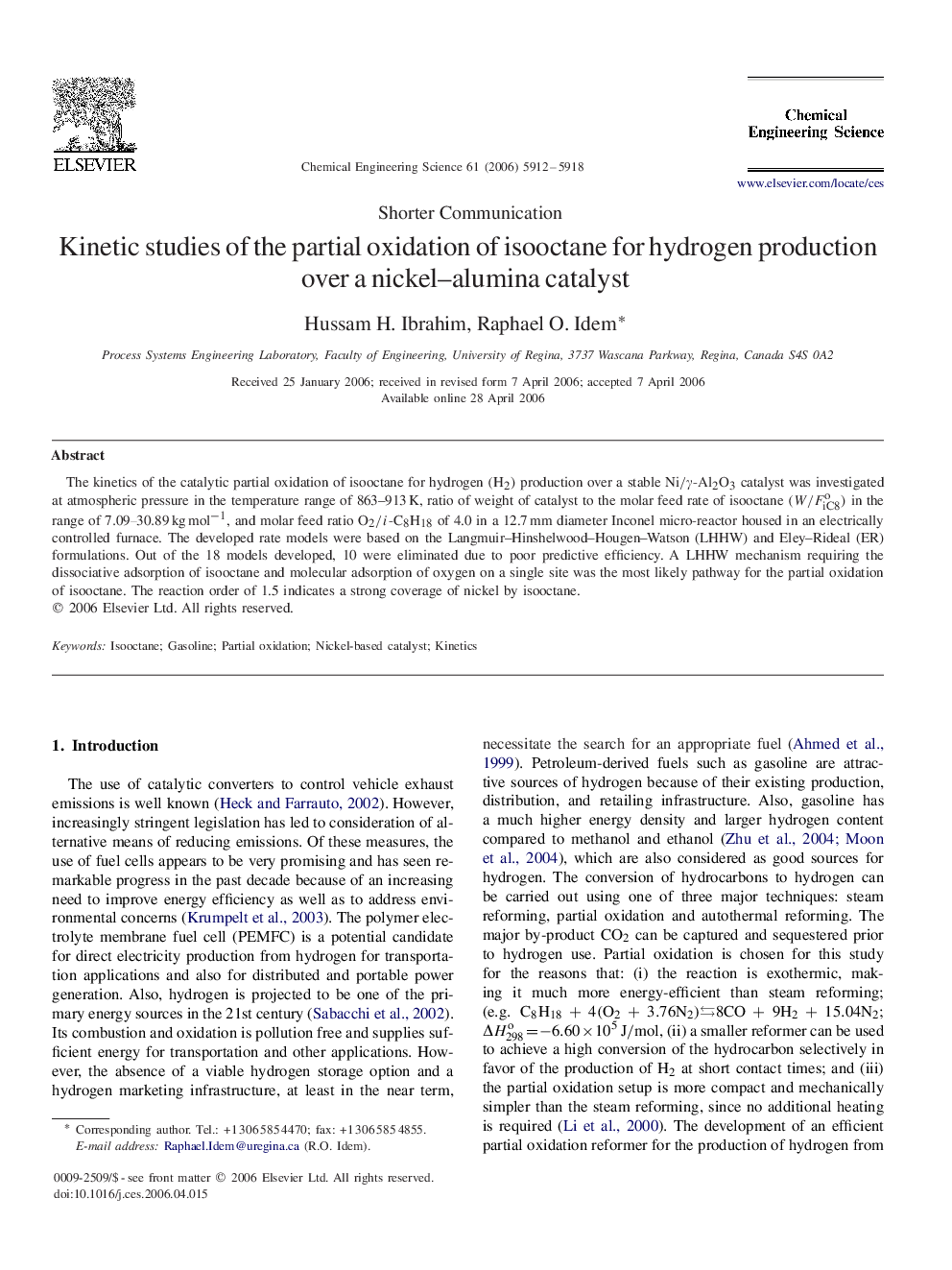 Kinetic studies of the partial oxidation of isooctane for hydrogen production over a nickel–alumina catalyst