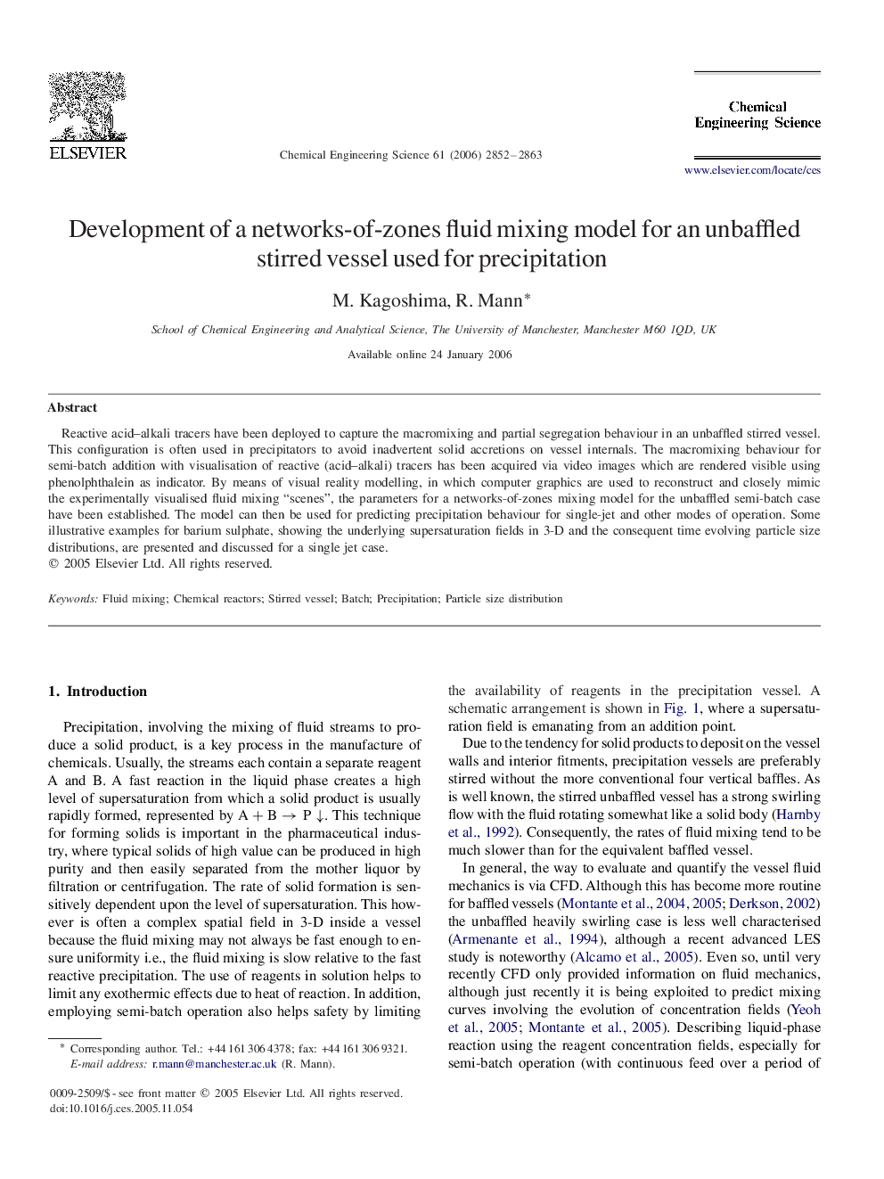 Development of a networks-of-zones fluid mixing model for an unbaffled stirred vessel used for precipitation