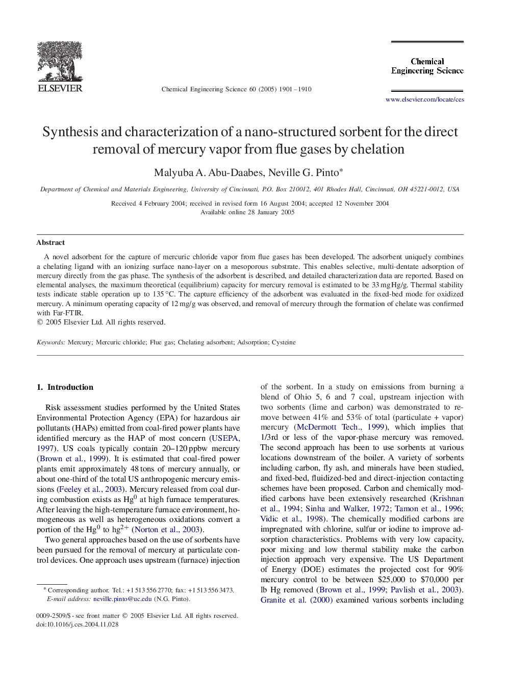 Synthesis and characterization of a nano-structured sorbent for the direct removal of mercury vapor from flue gases by chelation