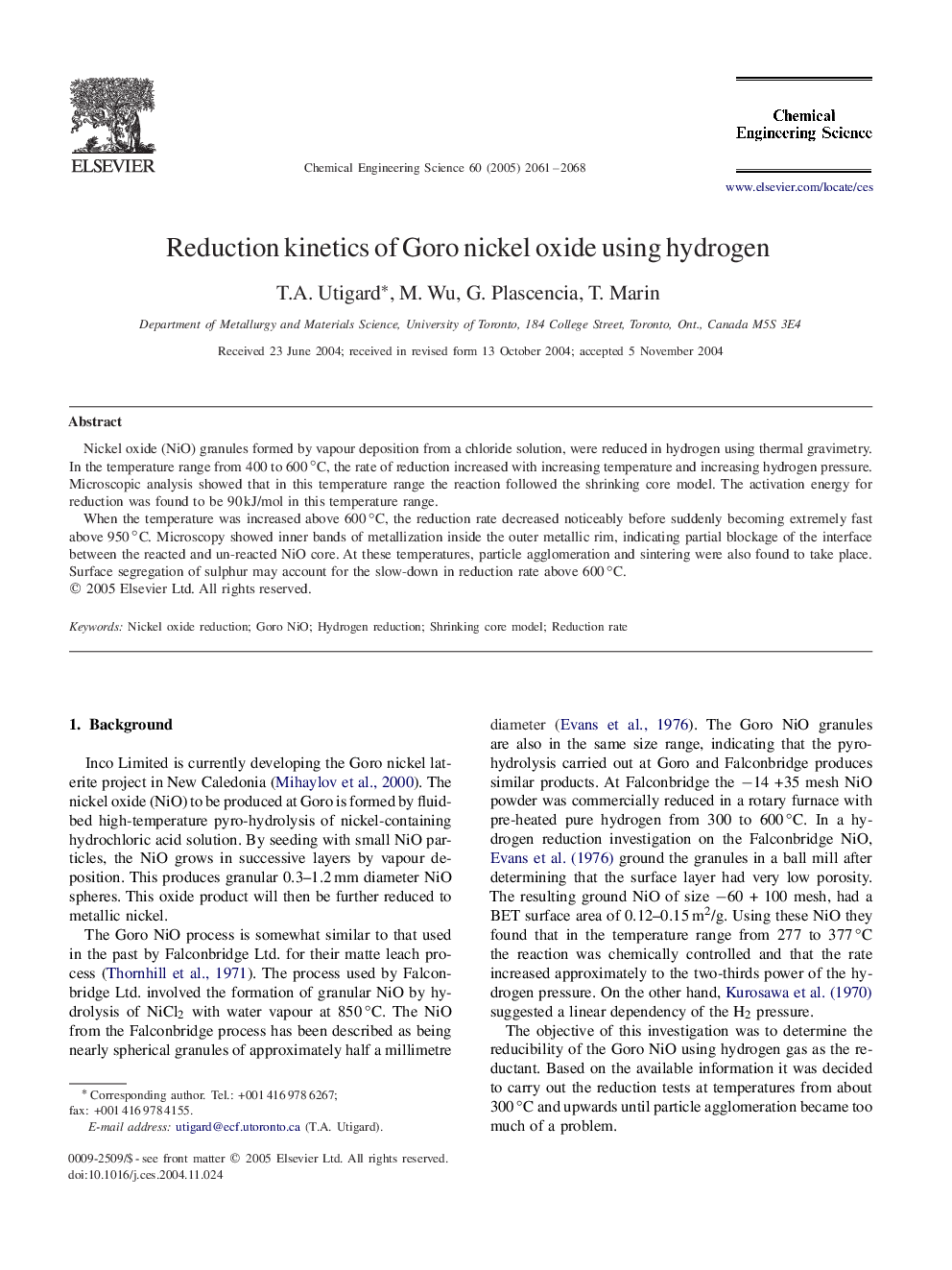 Reduction kinetics of Goro nickel oxide using hydrogen