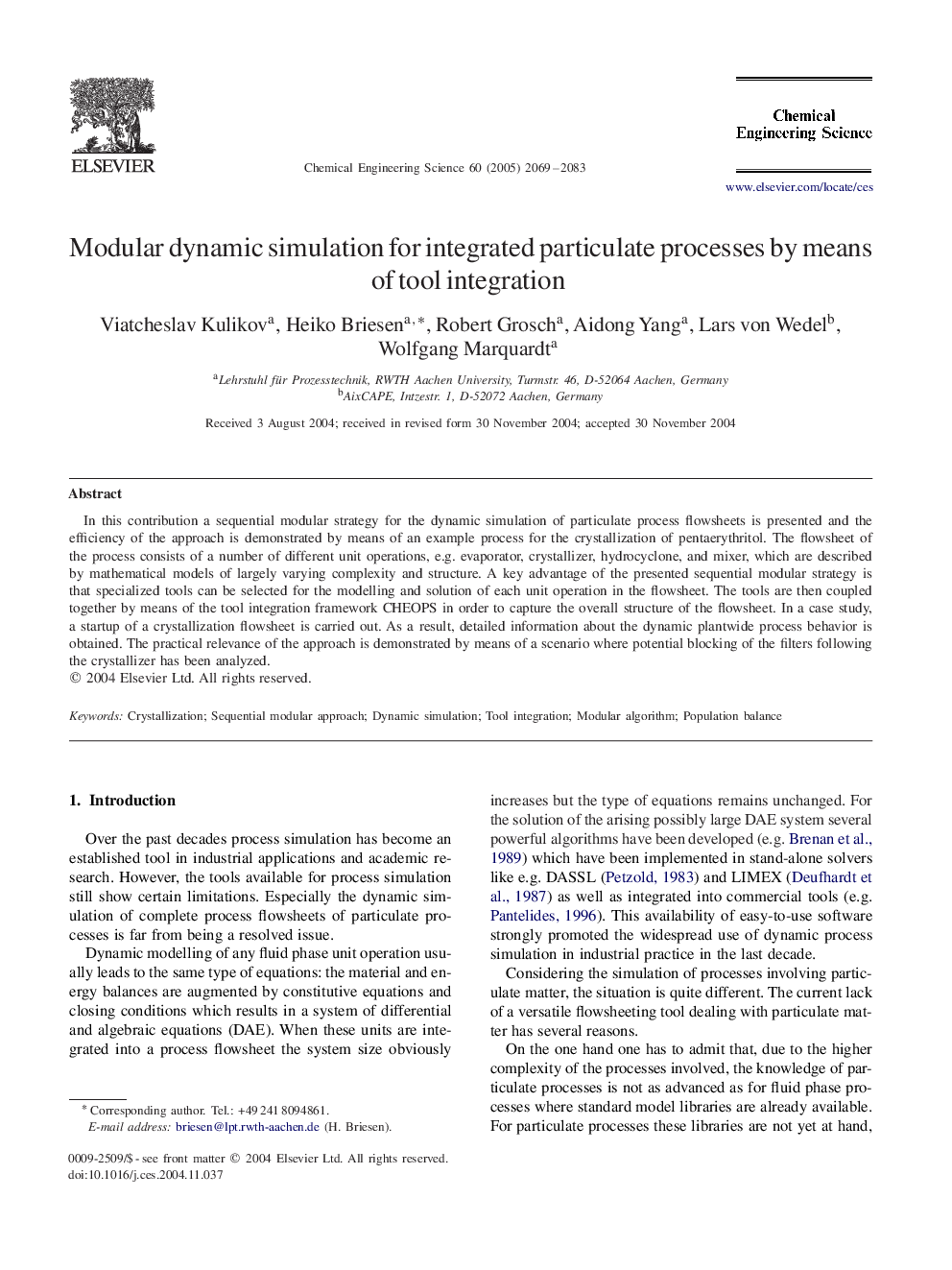 Modular dynamic simulation for integrated particulate processes by means of tool integration