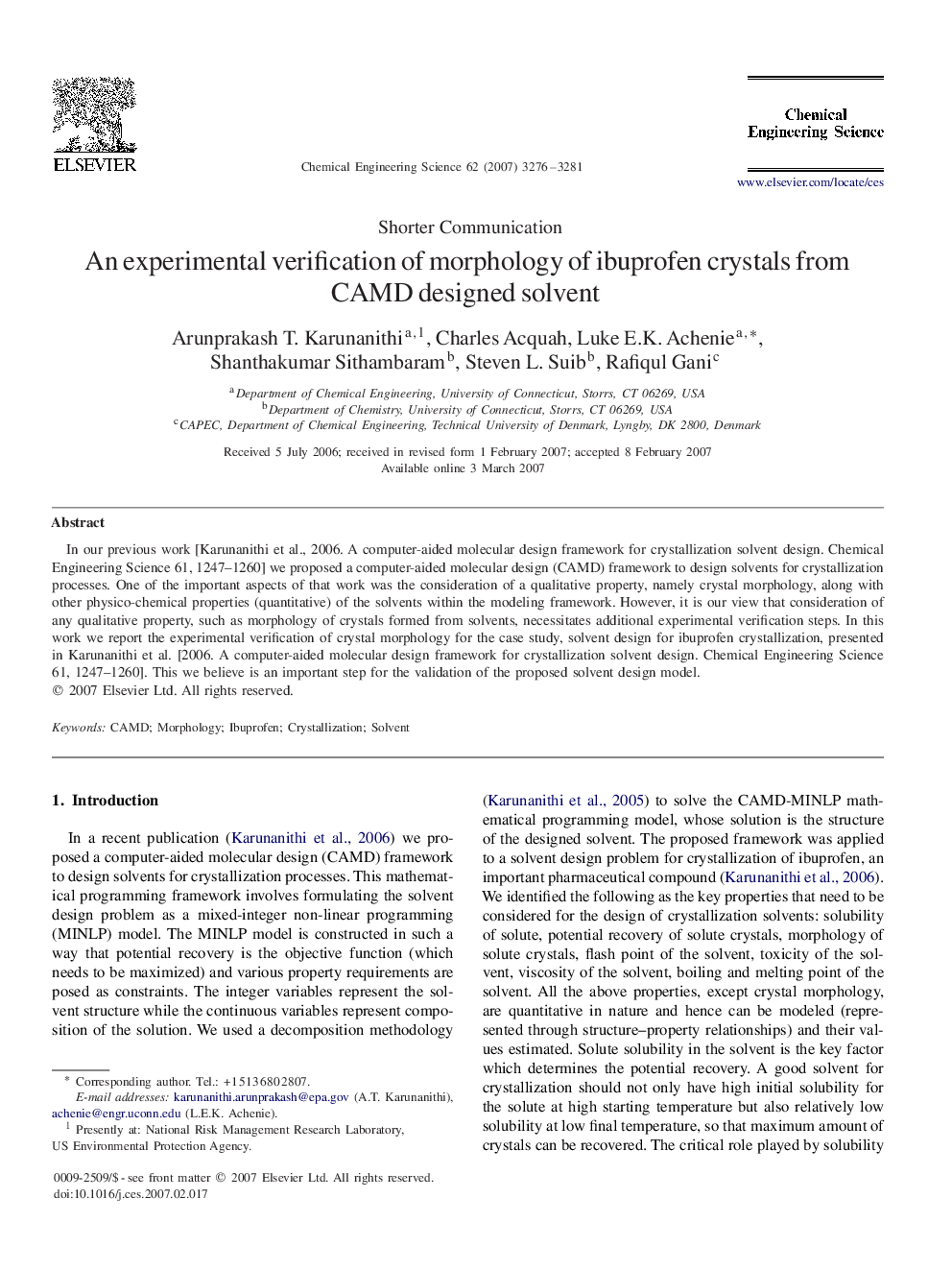عکس صفحه اول مقاله: An experimental verification of morphology of ibuprofen crystals from CAMD designed solvent An experimental verification of morphology of ibuprofen crystals from CAMD designed solvent