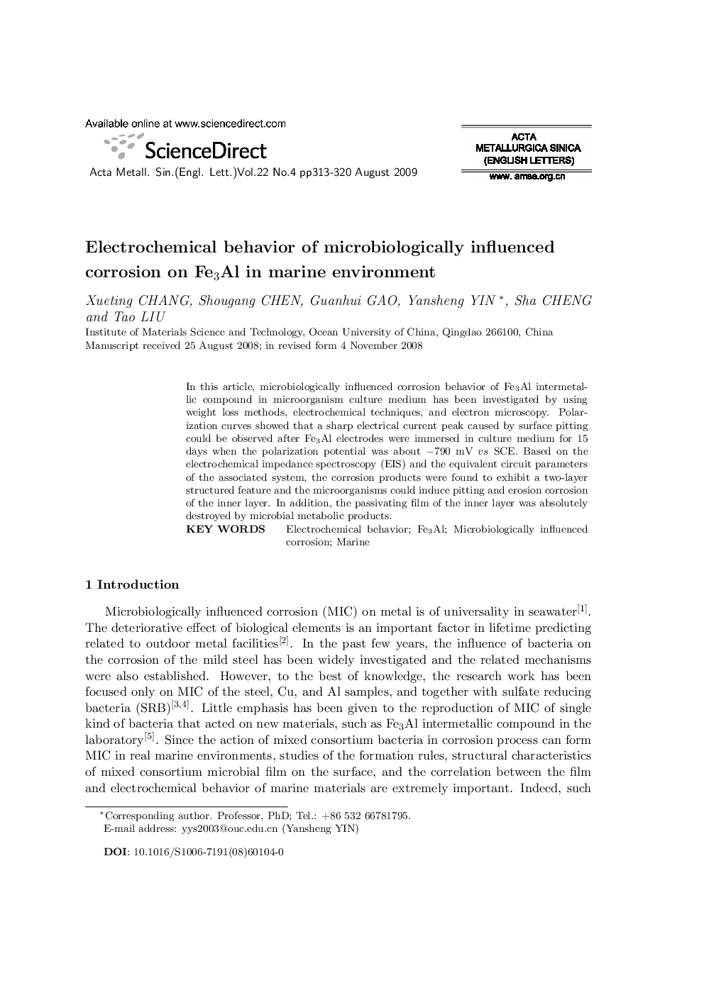 Electrochemical behavior of microbiologically influenced corrosion on Fe3Al in marine environment