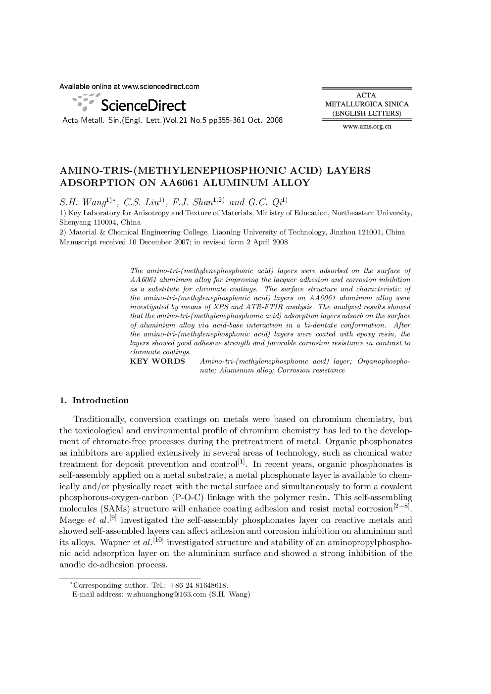 Amino-Tris-(Methylenephosphonic Acid) Layers Adsorption on Aa6061 Aluminum Alloy