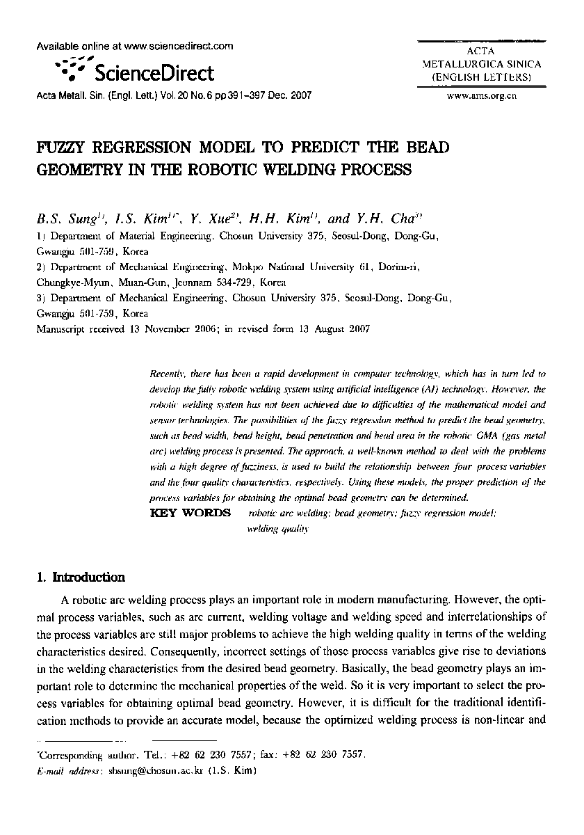 Fuzzy Regression Model to Predict the Bead Geometry in the Robotic Welding Process