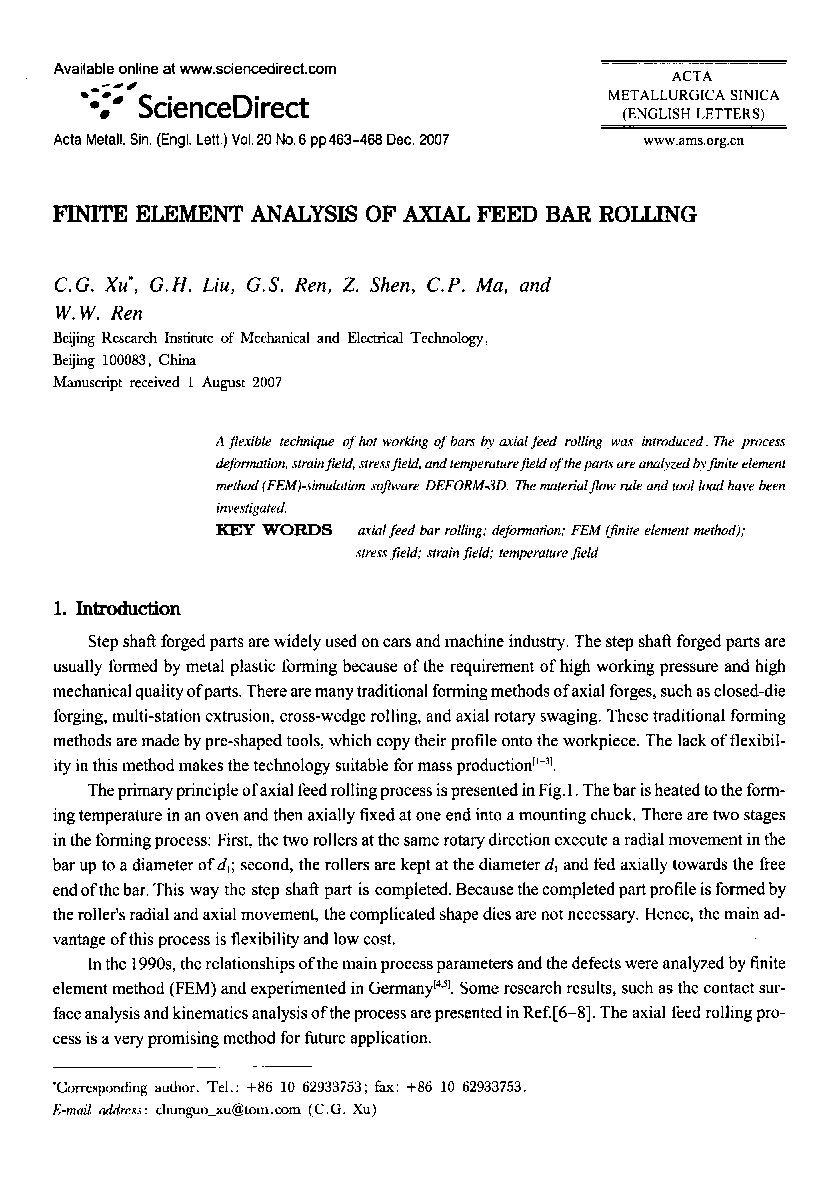 Finite Element Analysis of Axial Feed Bar Rolling