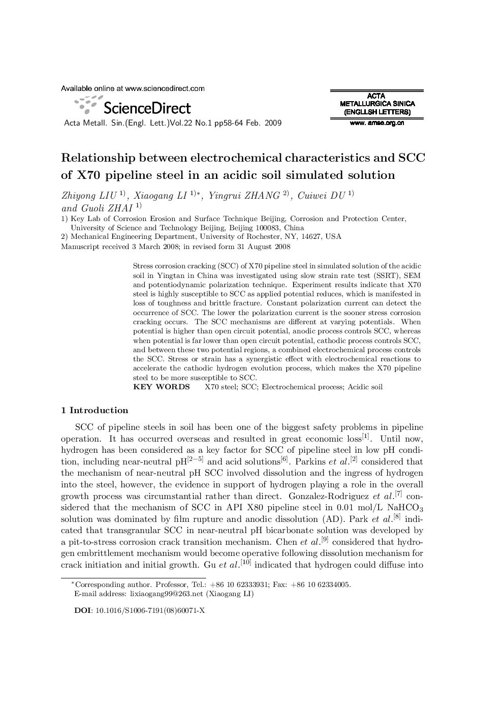 Relationship between electrochemical characteristics and SCC of X70 pipeline steel in an acidic soil simulated solution