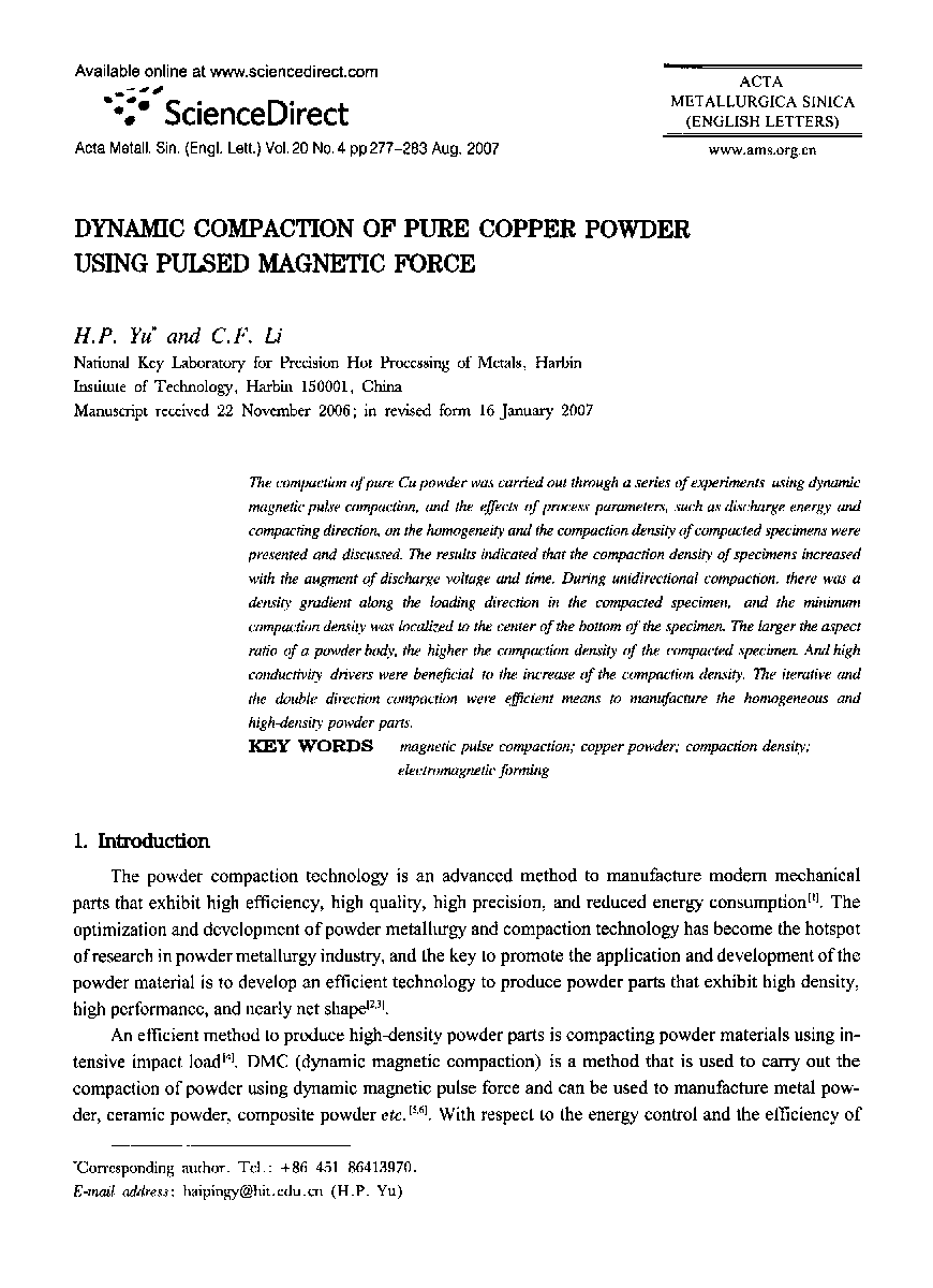 Dynamic compaction of pure copper powder using pulsed magnetic force