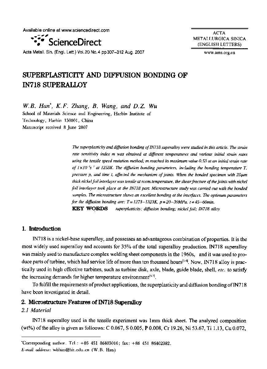 Superplasticity and diffusion bonding of IN718 superalloy