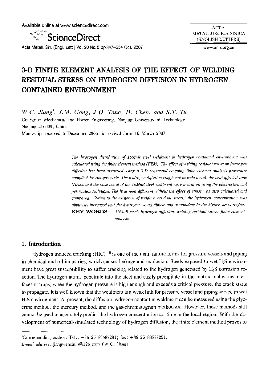 3-D Finite Element Analysis of the Effect of Welding Residual Stress on Hydrogen Diffusion in Hydrogen Contained Environment