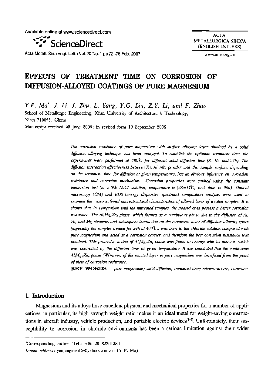 Effects of treatment time on corrosion of diffusion-alloyed coatings of pure magnesium