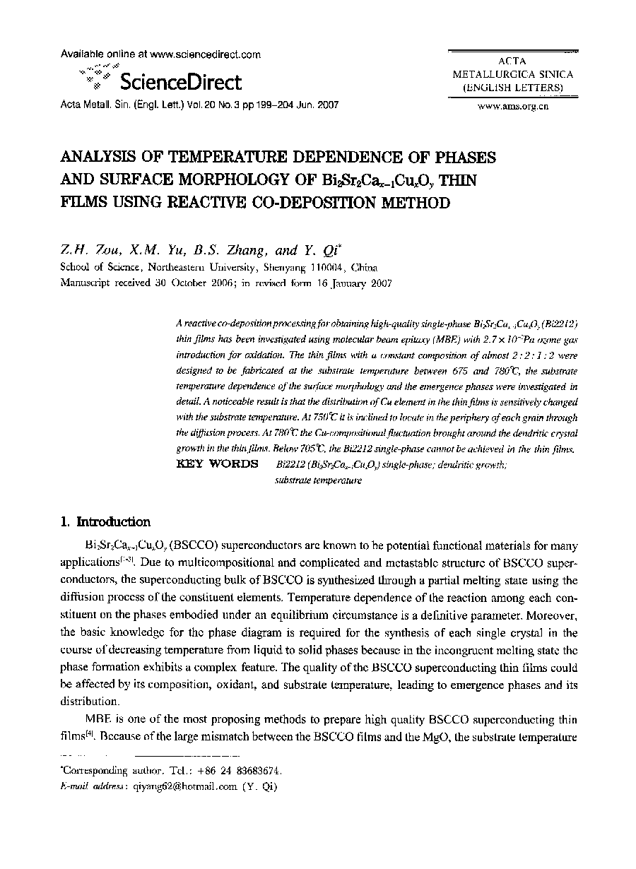 Analysis of Temperature Dependence of Phases and Surface Morphology of Bi2Sr2Caxâ1CuxOy Thin Films Using Reactive Co-Deposition Method