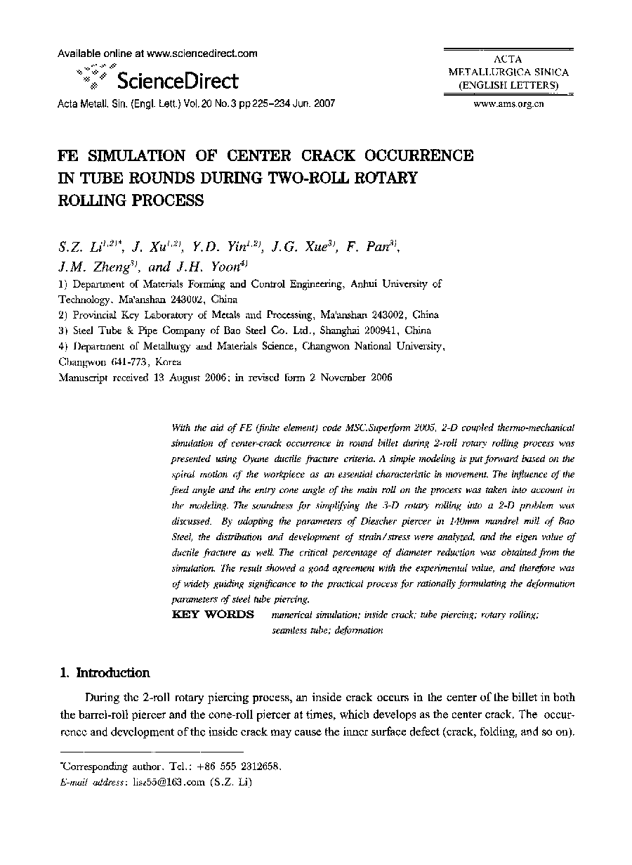 Fe Simulation of Center Crack Occurrence in Tube Rounds During Two-Roll Rotary Rolling Process