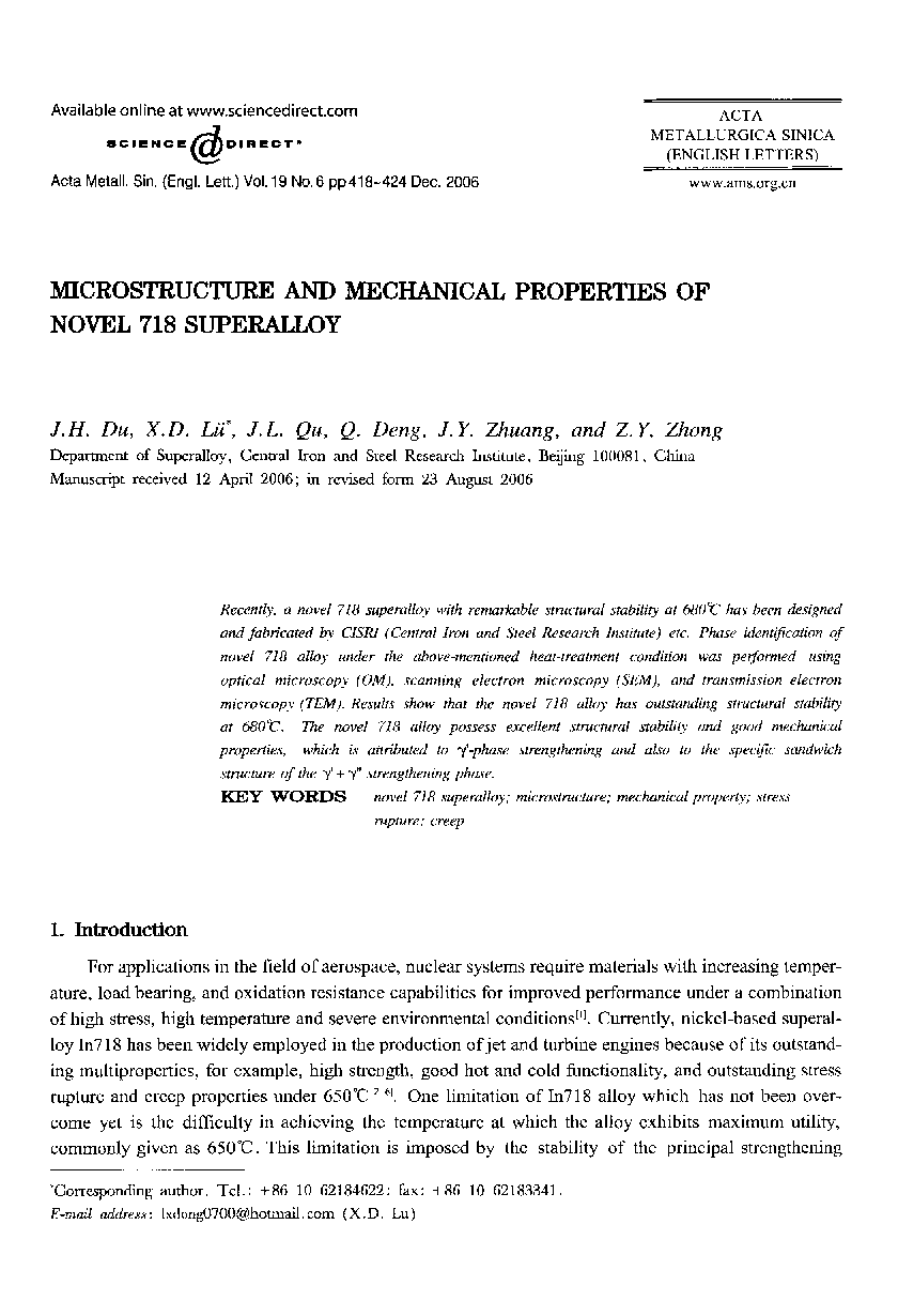 Microstructure and mechanical properties of novel 718 superalloy