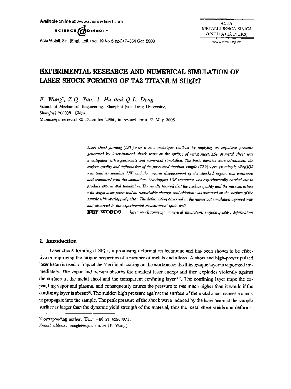 EXPERIMENTAL RESEARCH AND NUMERICAL SIMULATION OF LASER SHOCK FORMING OF TA2 TITANIUM SHEET