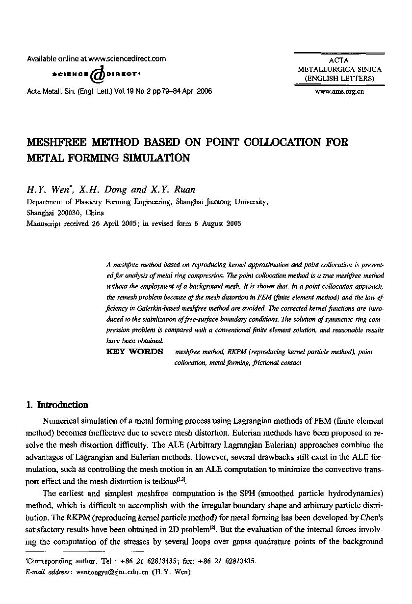 MESHFREE METHOD BASED ON POINT COLLOCATION FOR METAL FORMING SIMULATION