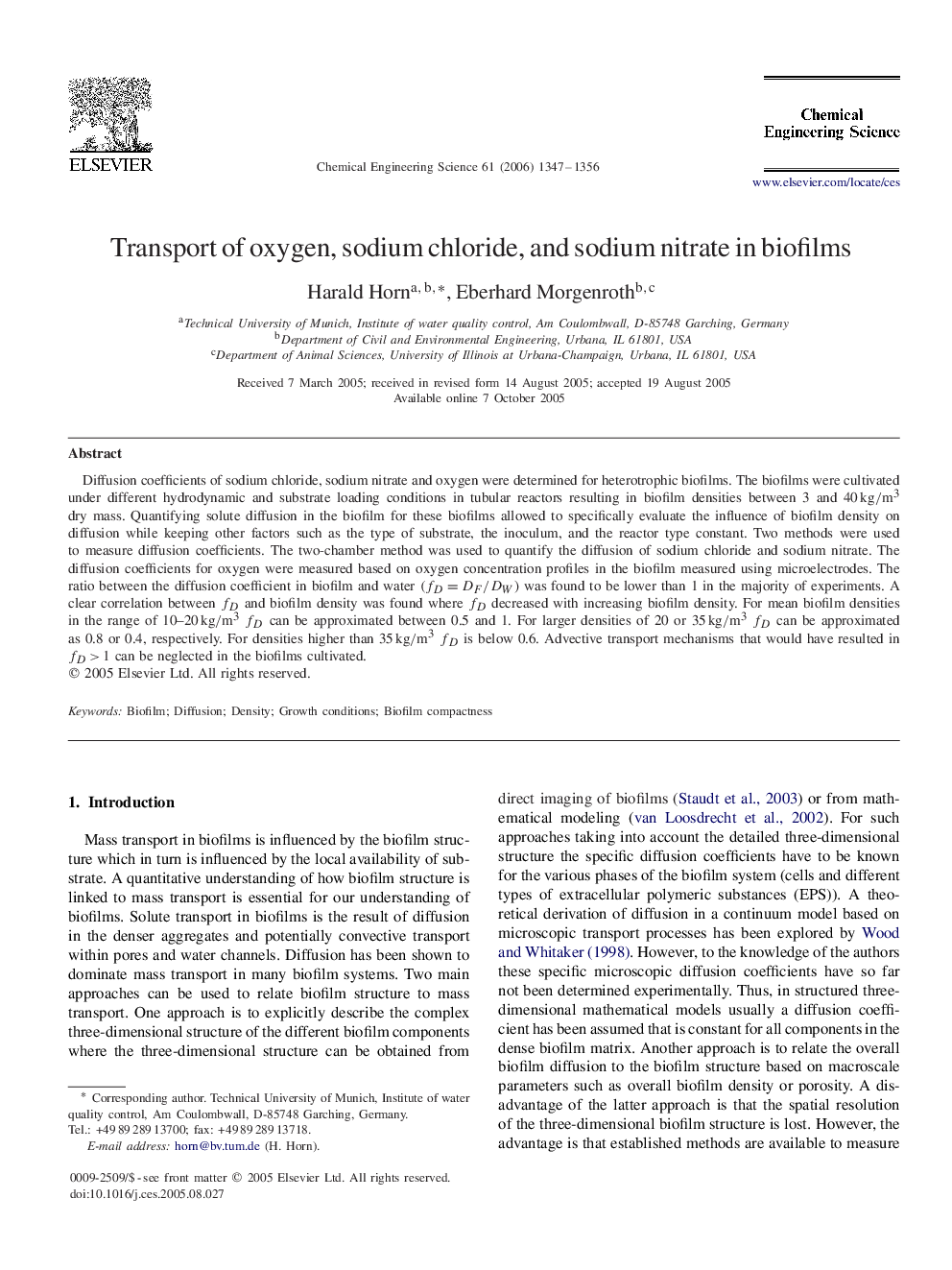 Transport of oxygen, sodium chloride, and sodium nitrate in biofilms