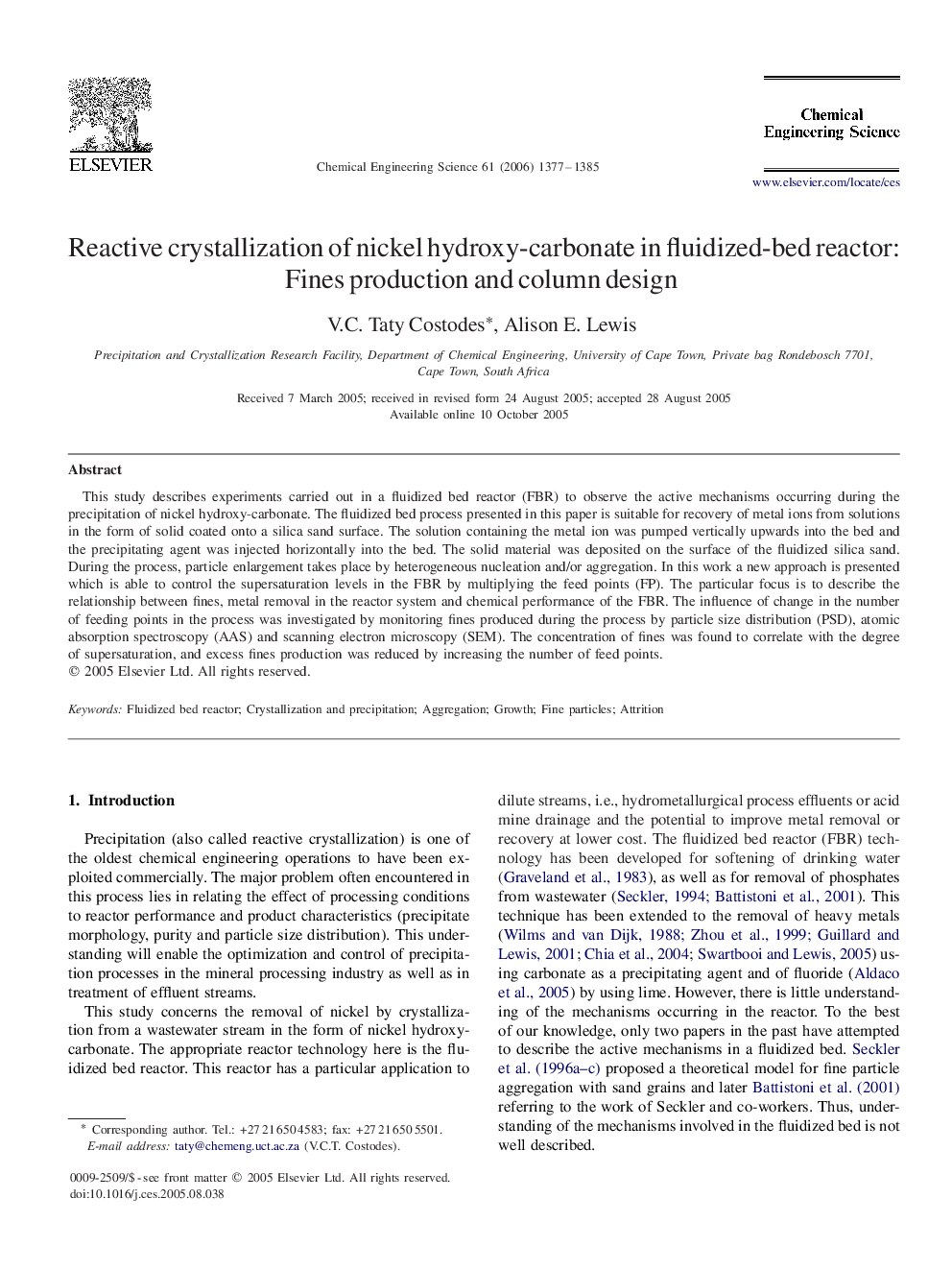 Reactive crystallization of nickel hydroxy-carbonate in fluidized-bed reactor: Fines production and column design